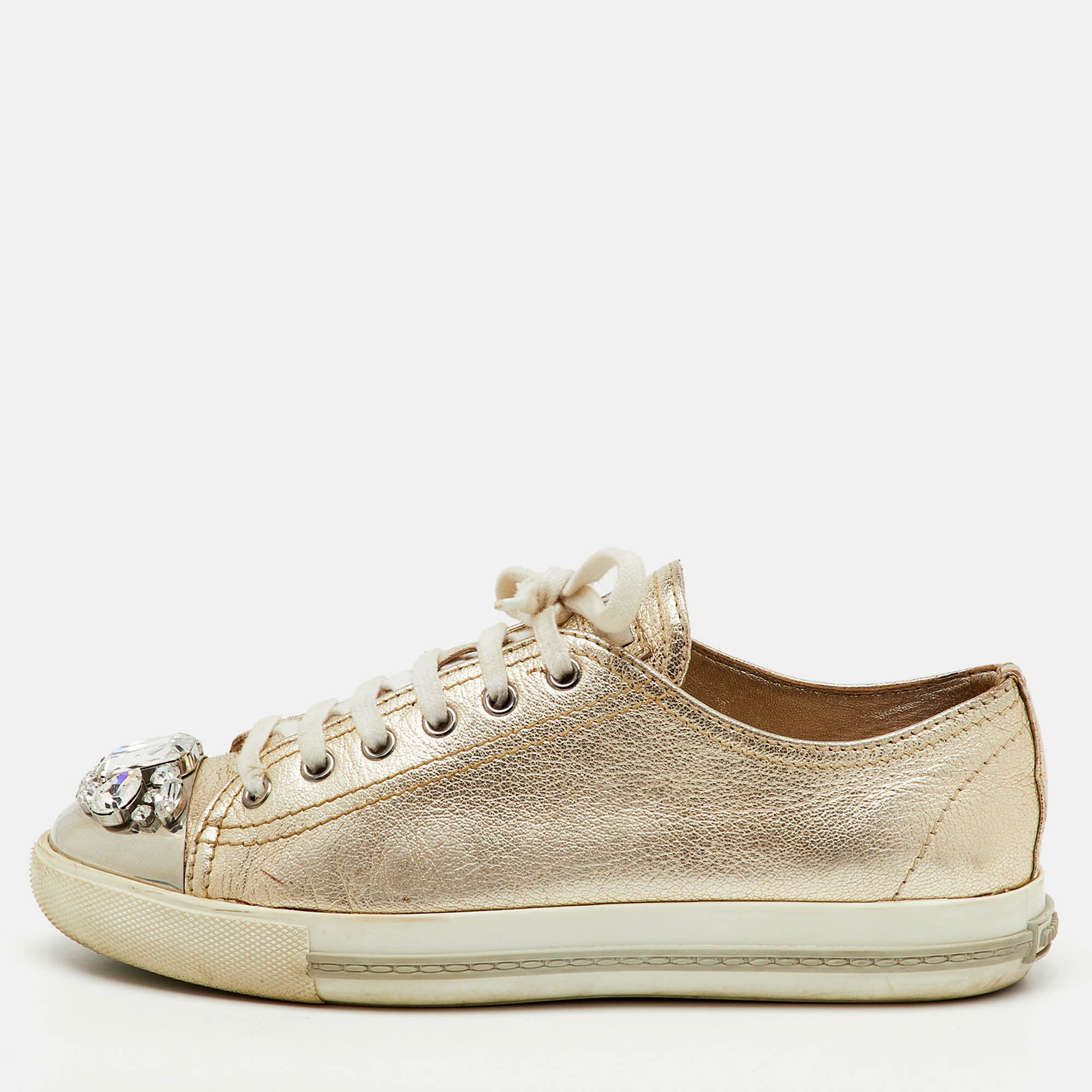 Pre-owned Miu Miu Gold Leather Crystal Embellished Cap Toe Low Top Sneakers Size 39