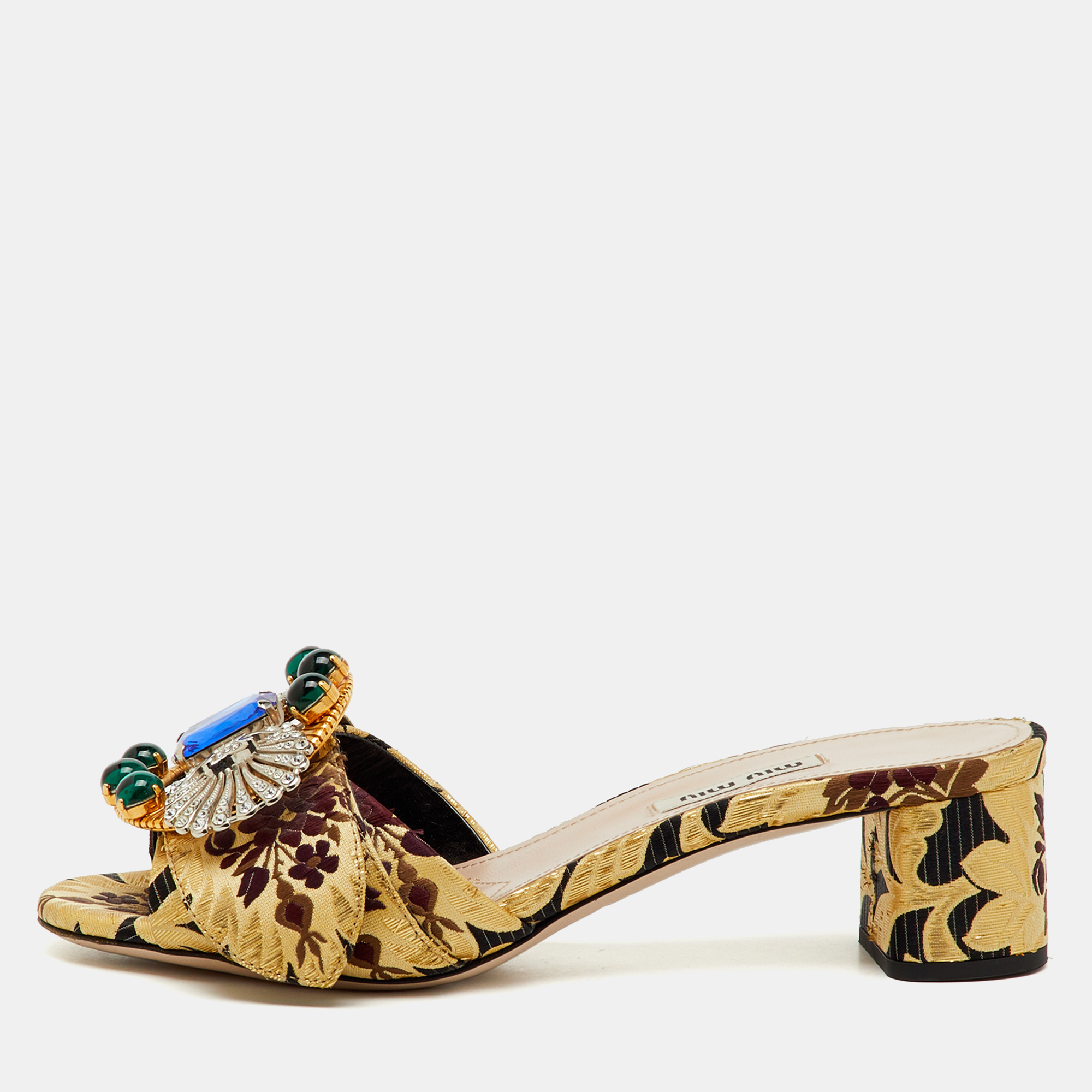 Pre-owned Miu Miu Multicolor Brocade Fabric Crystal Embellished Slide Sandals Size 37