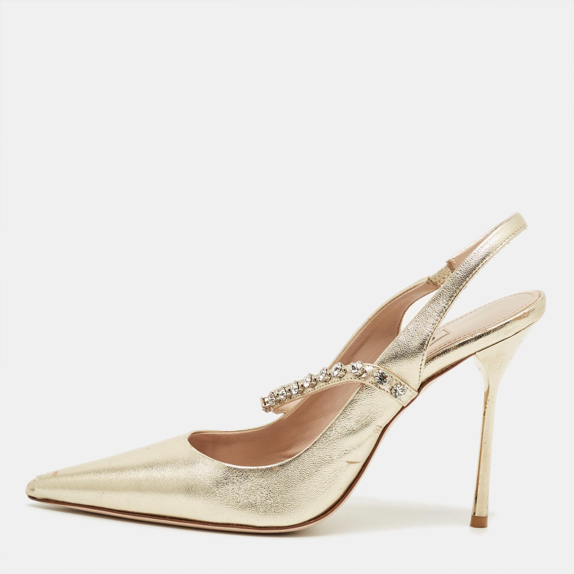 

Miu Miu Gold Leather Crystal Embellished Decollete Slingback Pumps Size