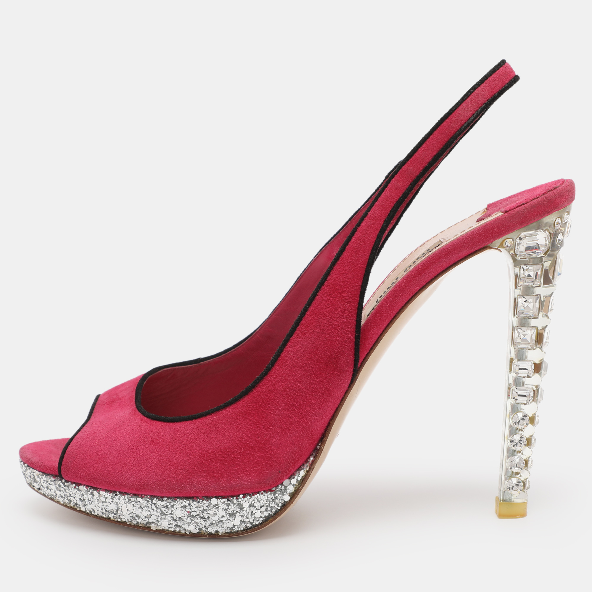MIU MIU Pre-owned Pink Suede Crystal Heel Slingback Pumps Size 40