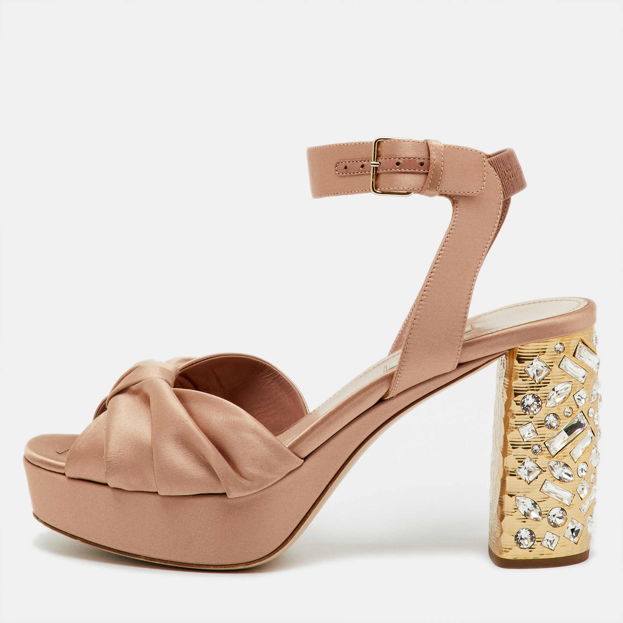 Pre-owned Miu Miu Beige Satin Crystal Embellished Block Heel Platform Ankle Strap Sandals Size 40
