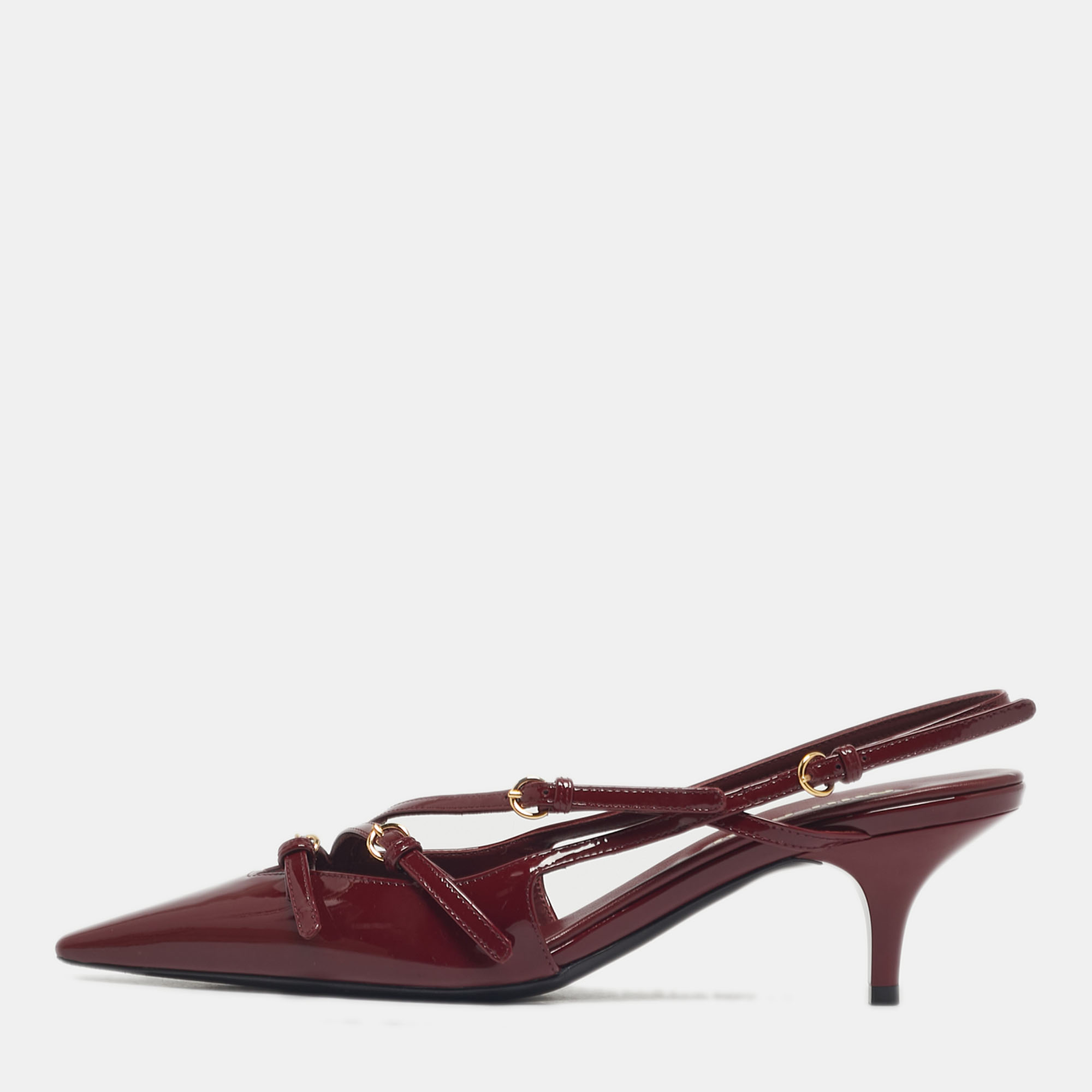 

Miu Miu Burgundy Patent Leather Pointed Toe Buckle Slingback Pumps Size