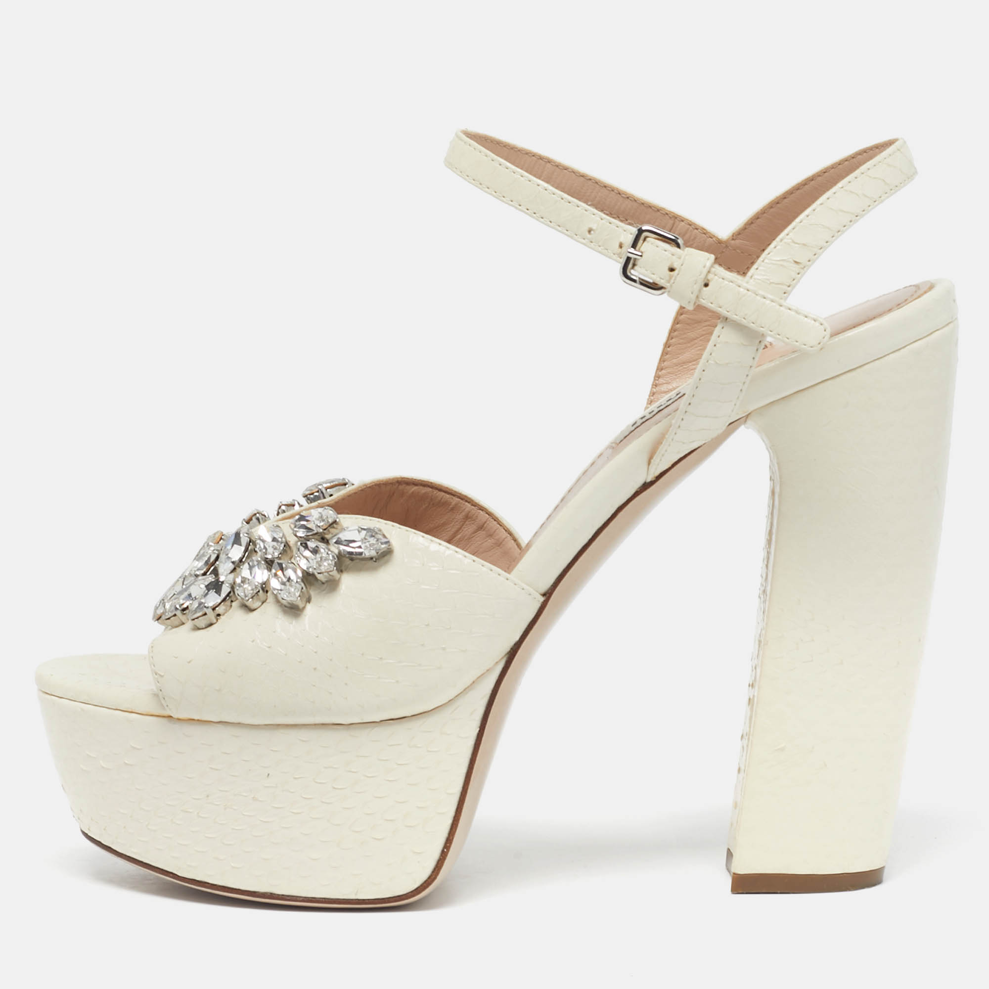 

Miu Miu Cream Python Leather Crystal Embellish Platform Ankle Strap Sandals Size