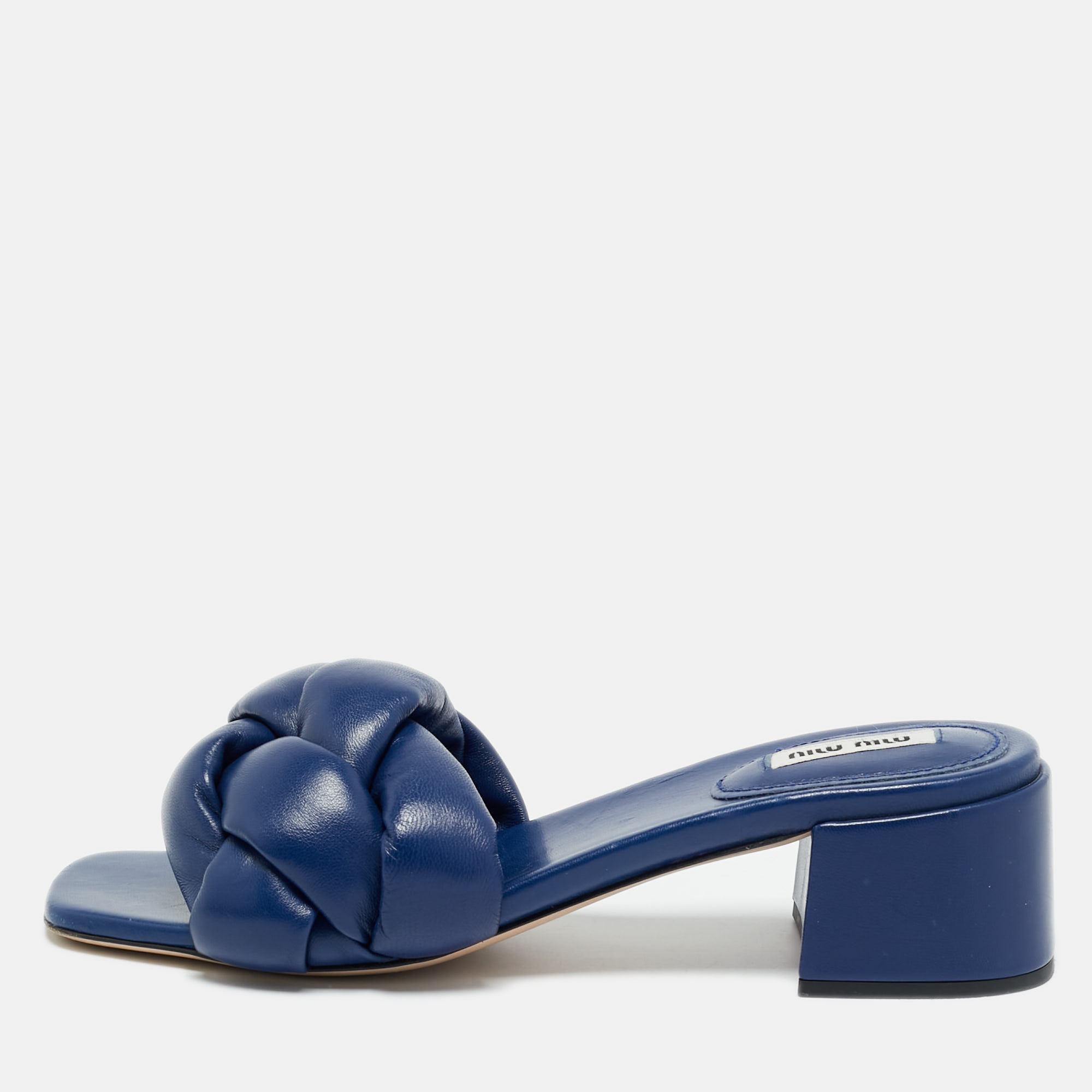 Pre-owned Miu Miu Navy Blue Woven Leather Block Heel Slide Sandals Size 38.5