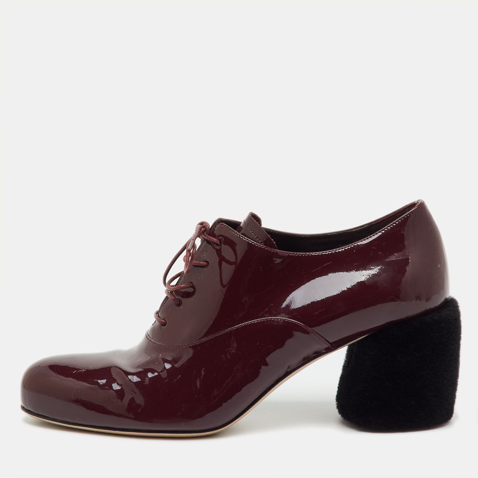 

Miu Miu Burgundy Patent Leather Shearling Fur Block Heel Oxfords Size