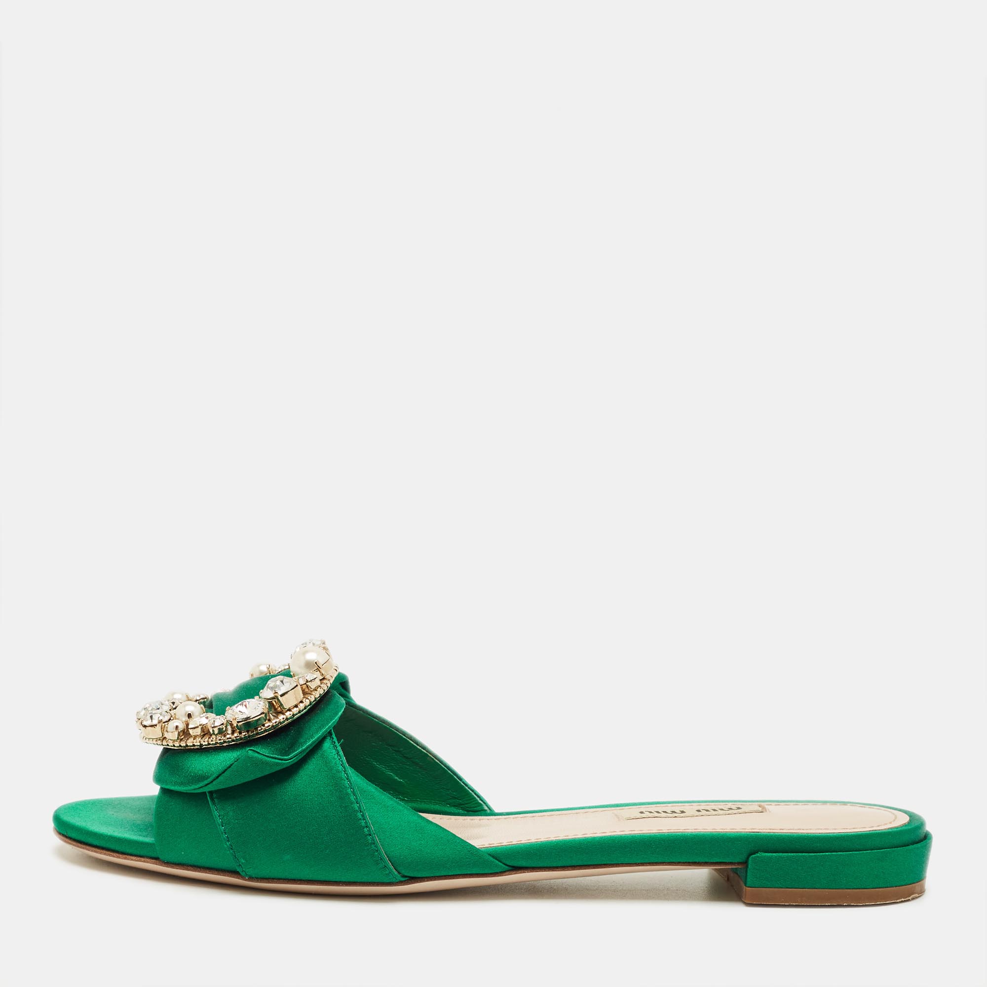 Pre-owned Miu Miu Green Satin Crystal Embellish Flat Slide Size 37.5