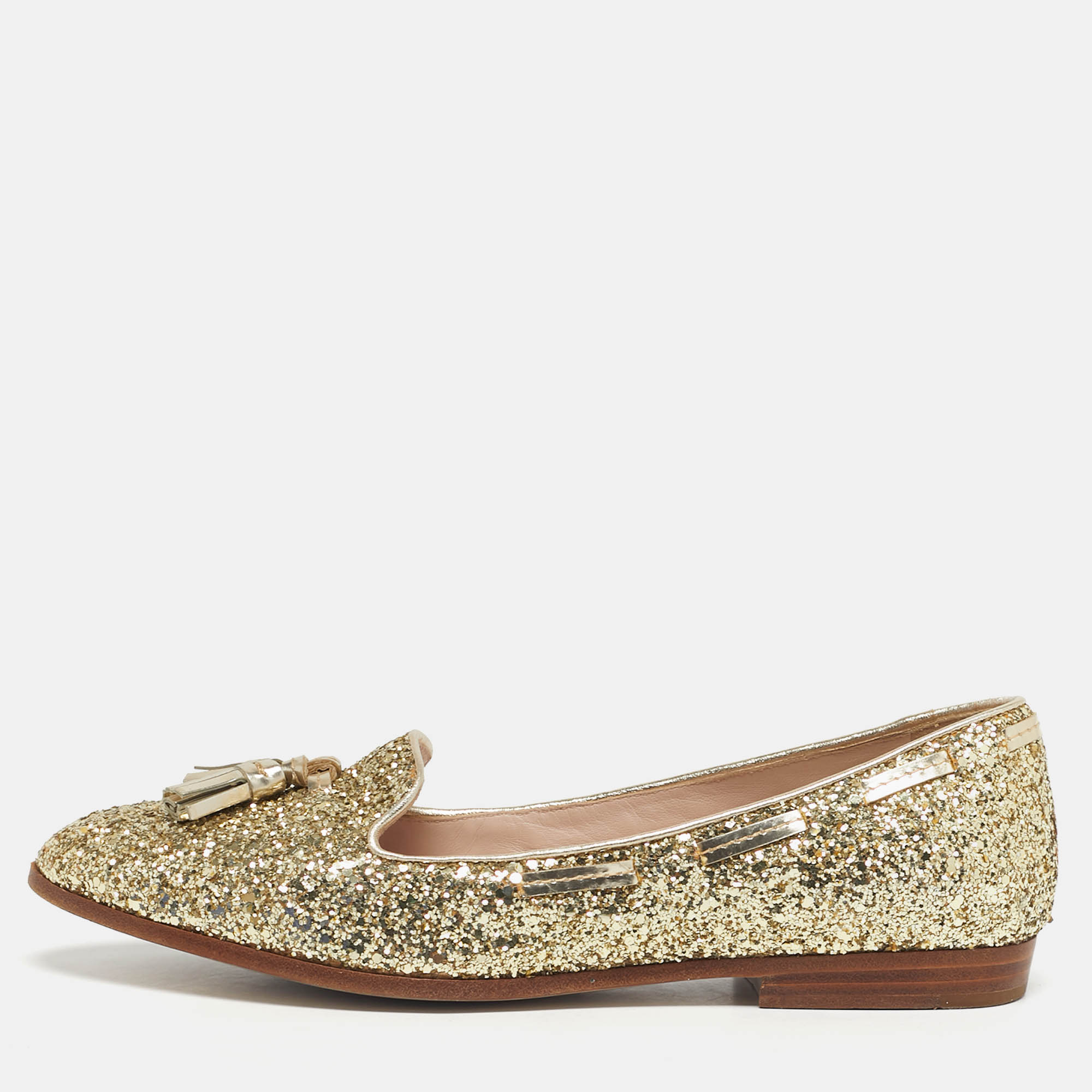 Pre-owned Miu Miu Size 38 Gold Glitter And Leather Tassel Smoking Slippers