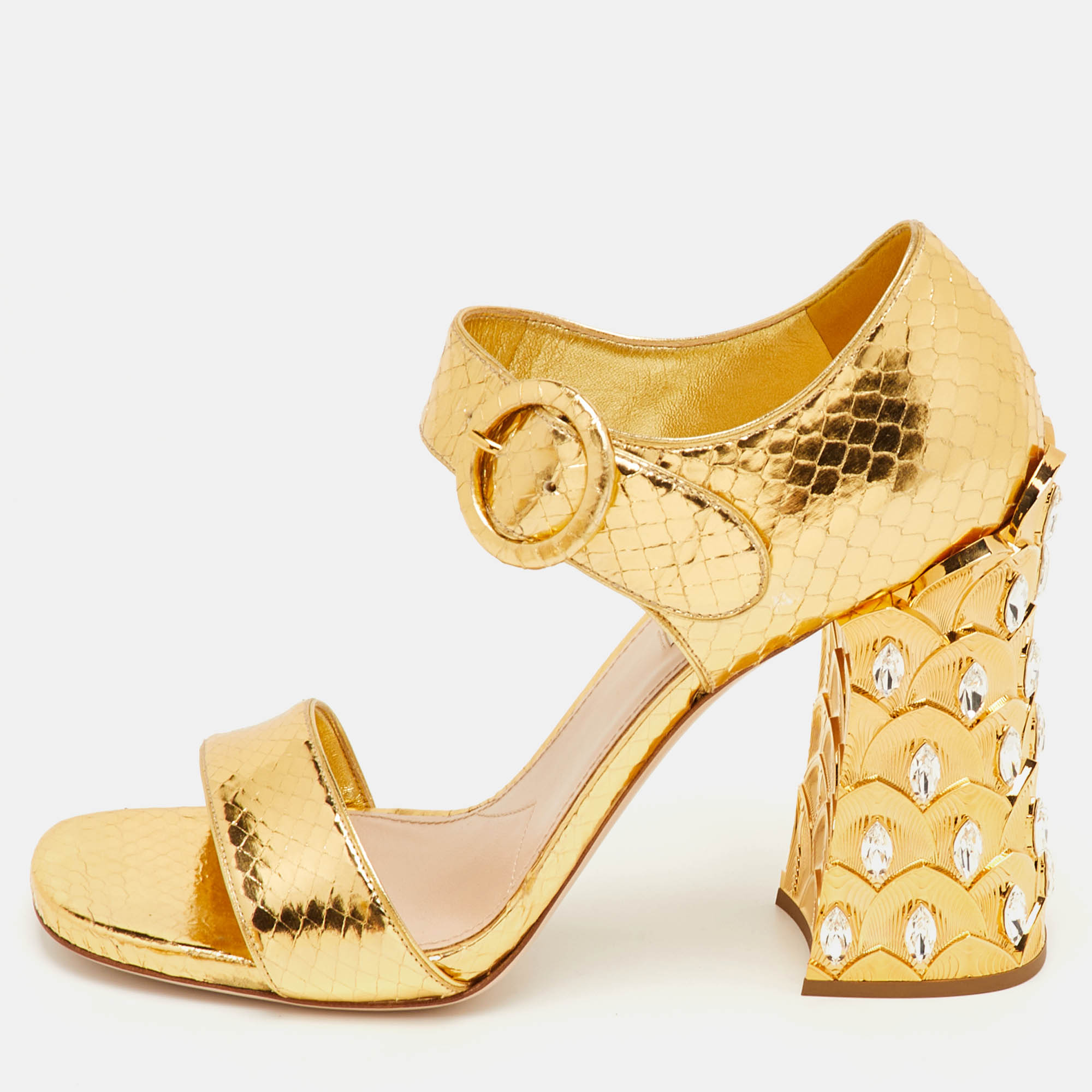 Pre-owned Miu Miu Size 41 Gold Python Embossed Leather Crystal Embellished Block Heel Ankle Strap Sandals