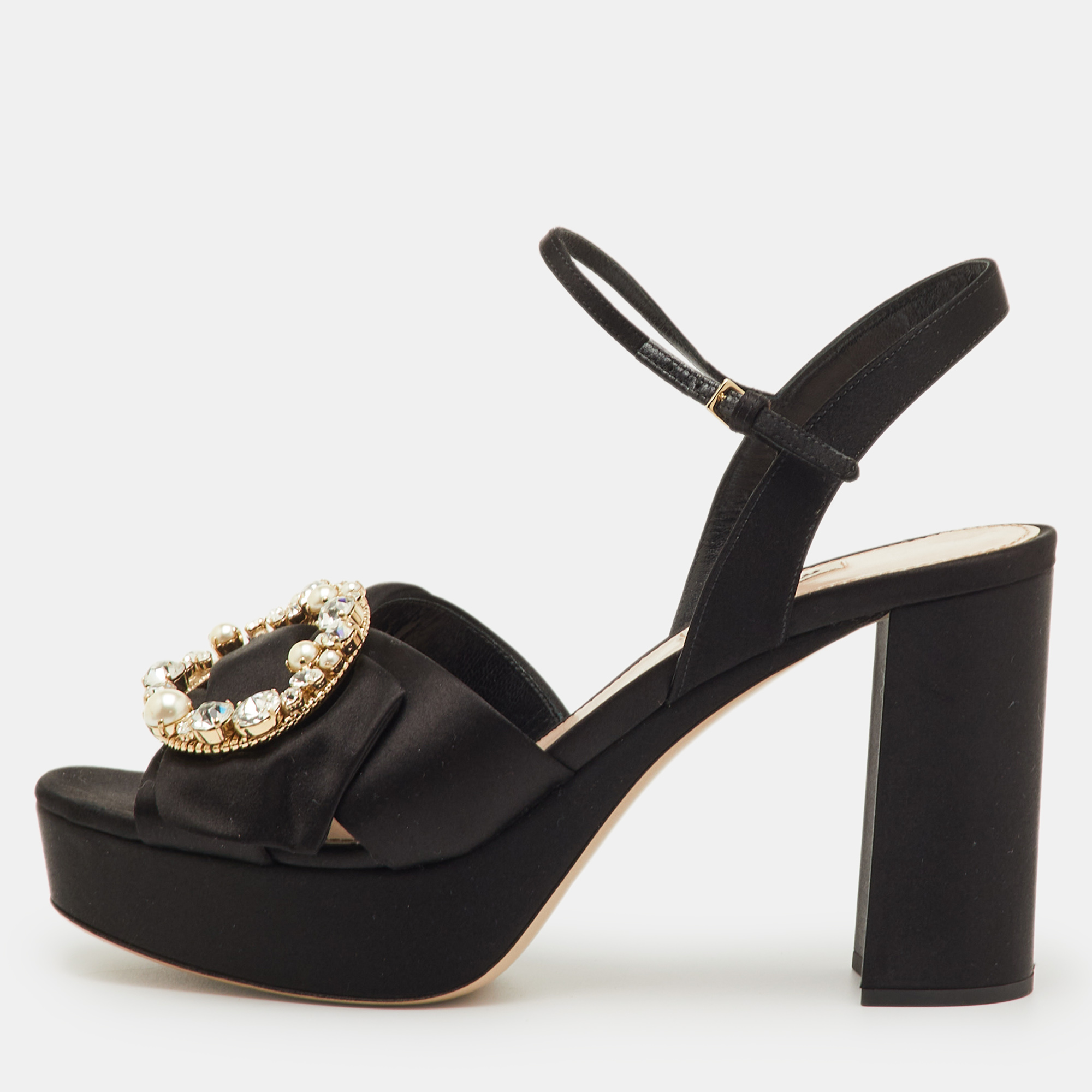 Click to view more detailed imagery on our partner's website Pre-owned Miu Miu Size 40 Black Satin Crystal Embellished Platform Ankle Strap Sandals
