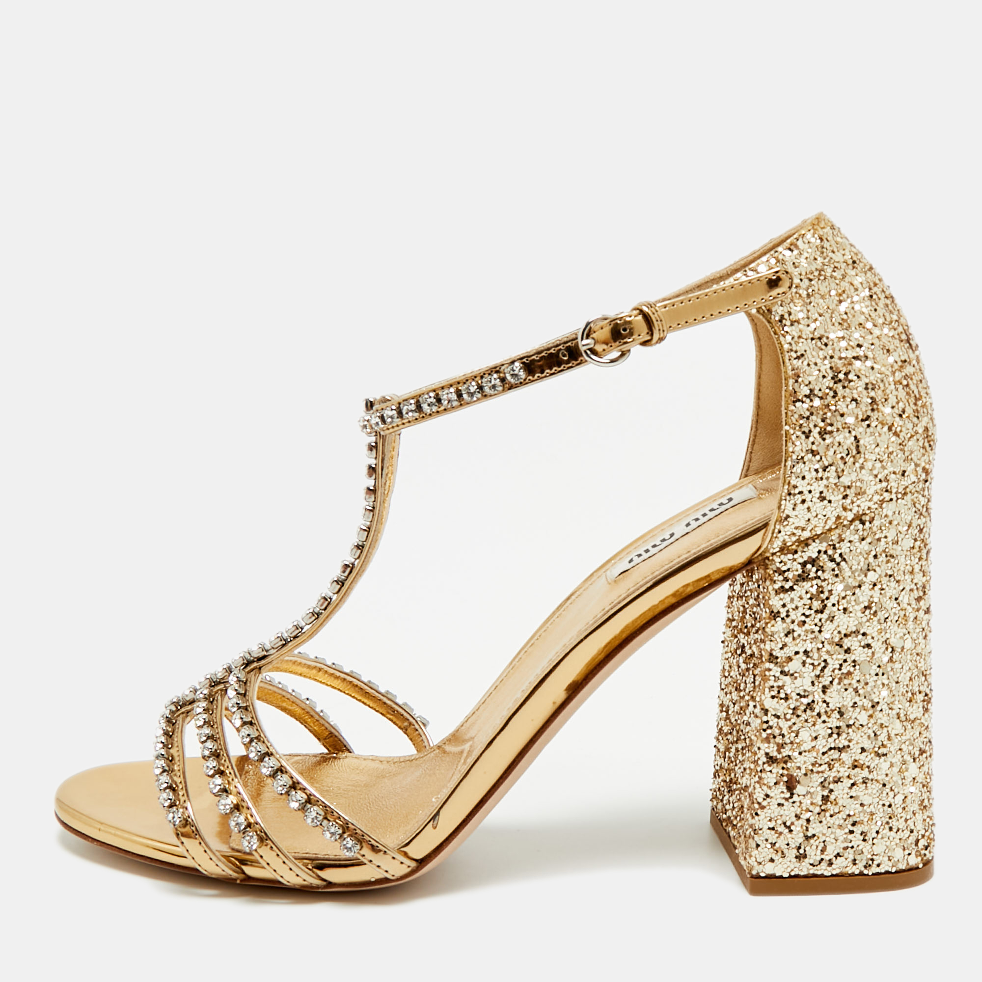 Pre-owned Miu Miu Crystal Embellished Size 38.5 Gold Glitter T-strap Sandals