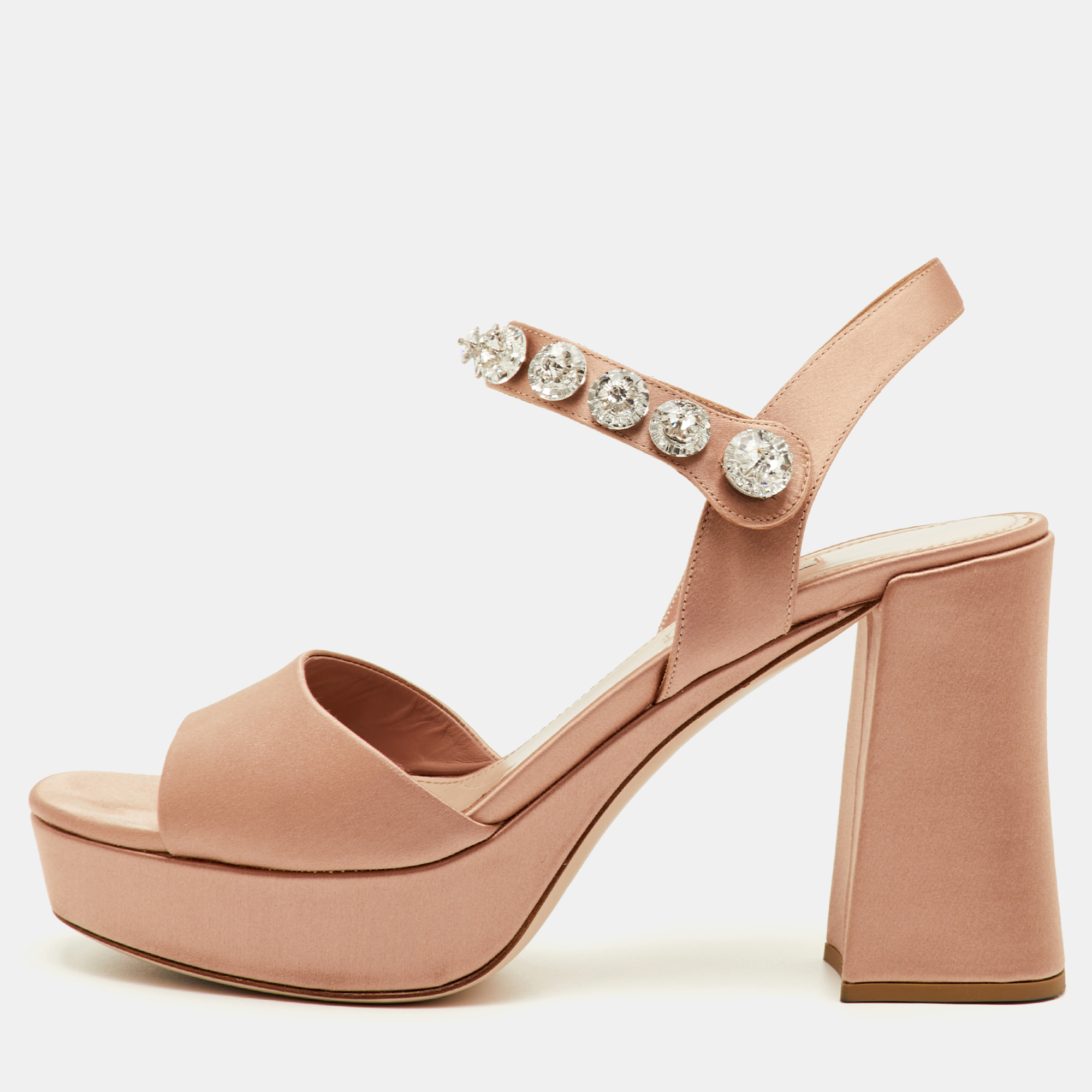 Pre-owned Miu Miu Size 41 Beige Crystals Embellished Satin Block Heel Platform Sandals