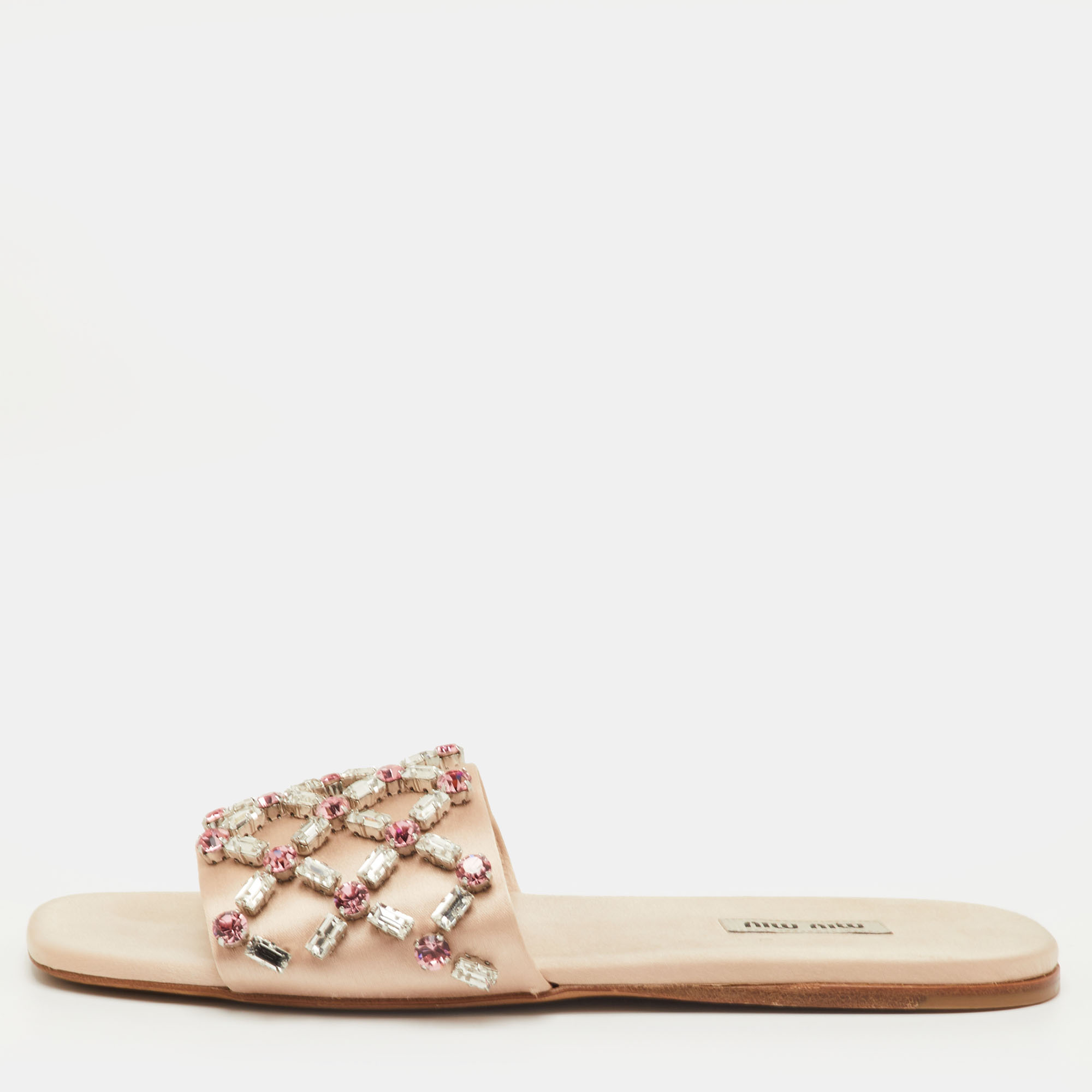 

Miu Miu Size  Beige Crystal Embellished Satin Flat Sandals