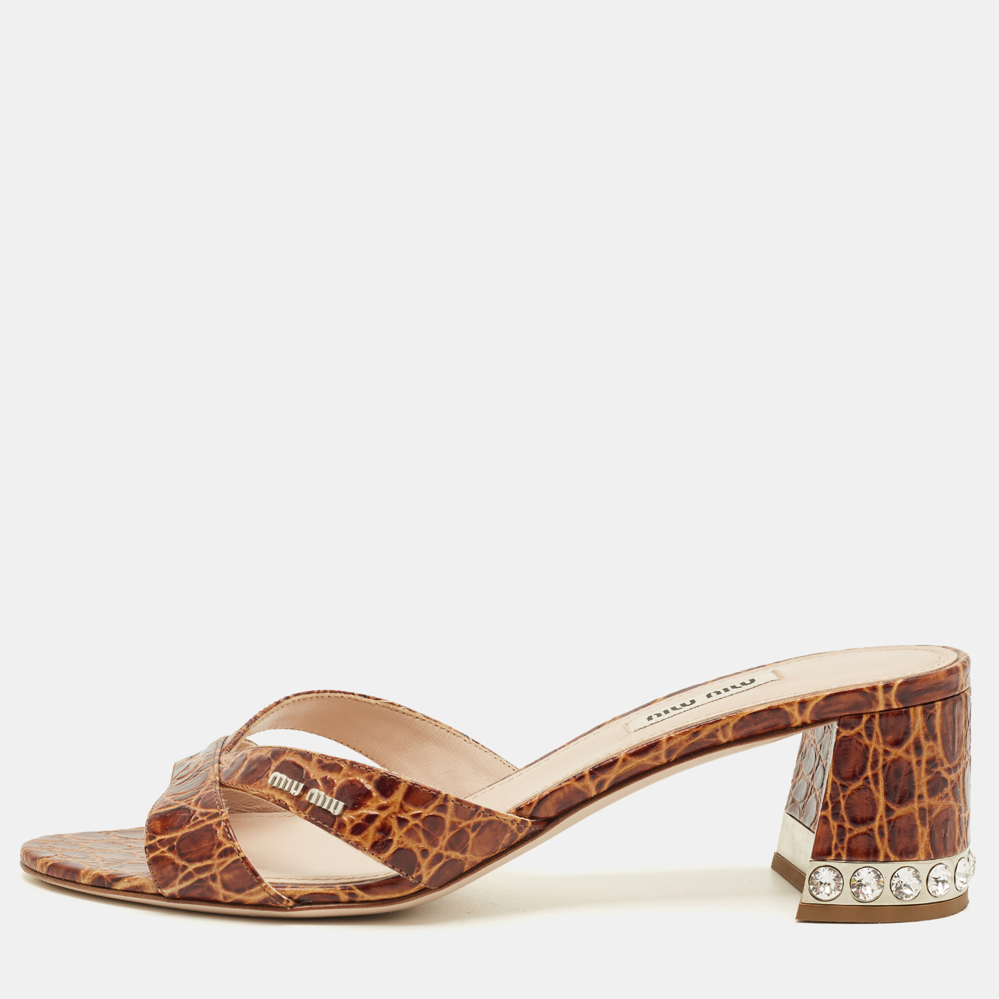 

Miu Miu Size  Brown Crocodile Leather Crystal Embellished Slide Sandals