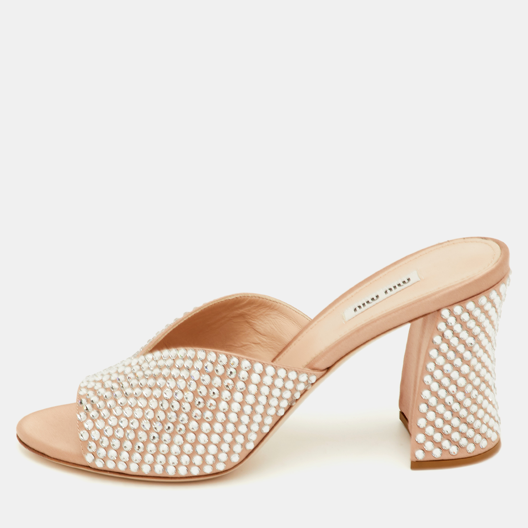 Pre-owned Miu Miu Size 40 Beige Crystal Embellished Heel Satin Mules In Sand