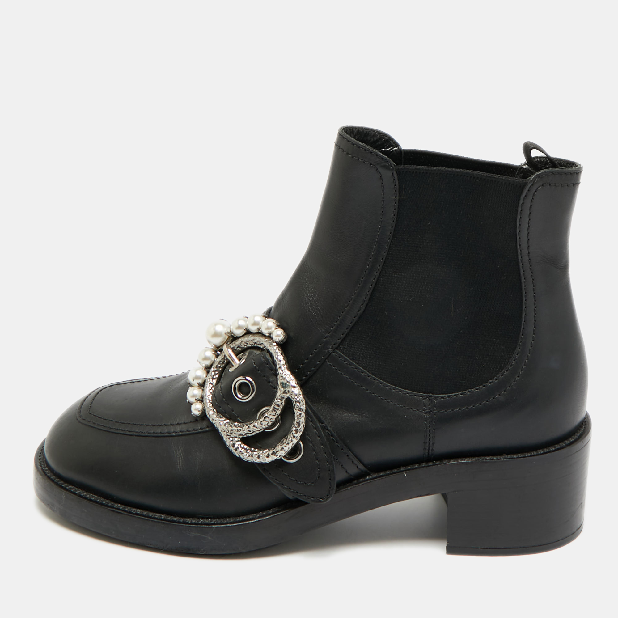 

Miu Miu Size  Black Leather Crystal Embellished Buckle Ankle Length Boots