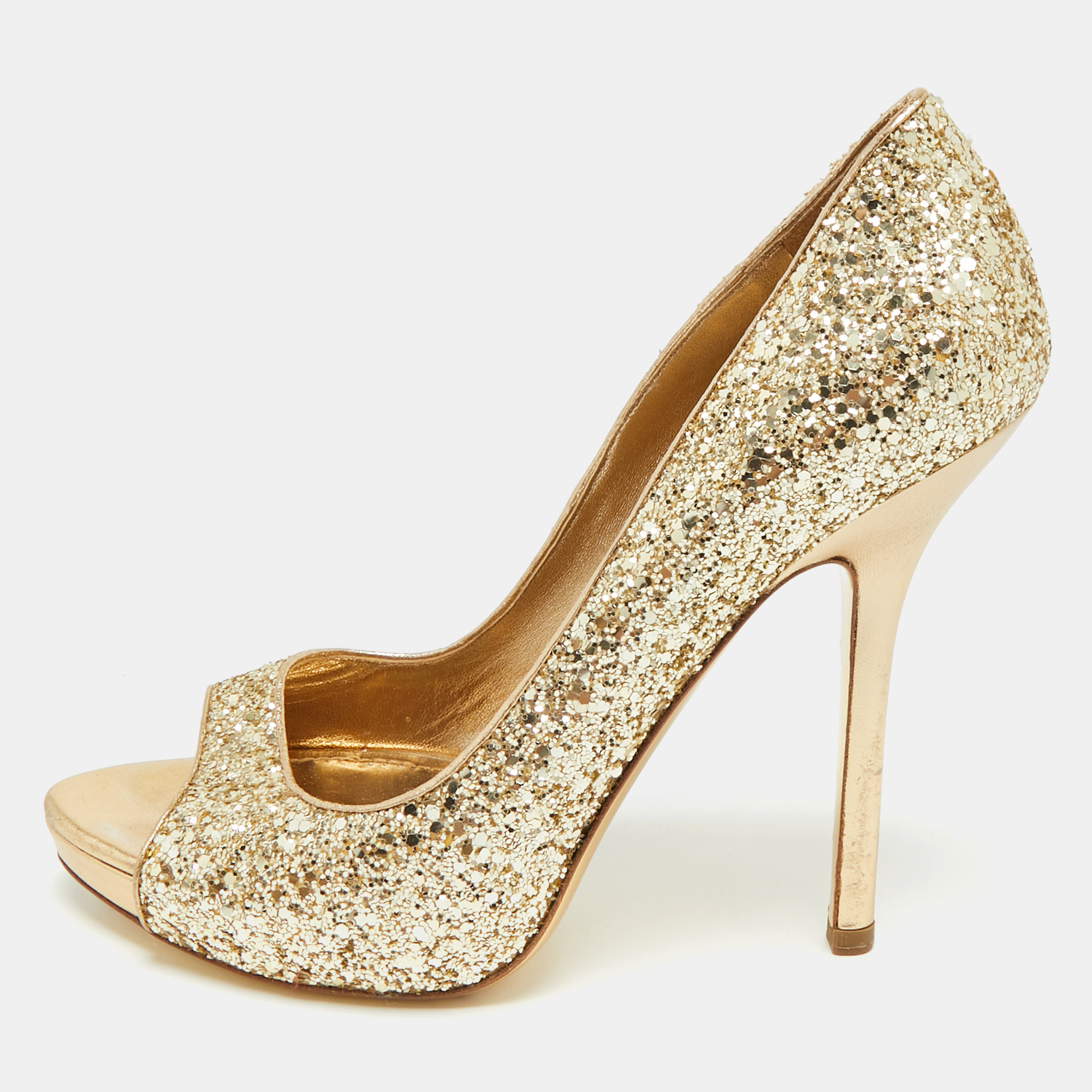 Pre-owned Miu Miu Size 39 Gold Glitter Peep Toe Platform Pumps