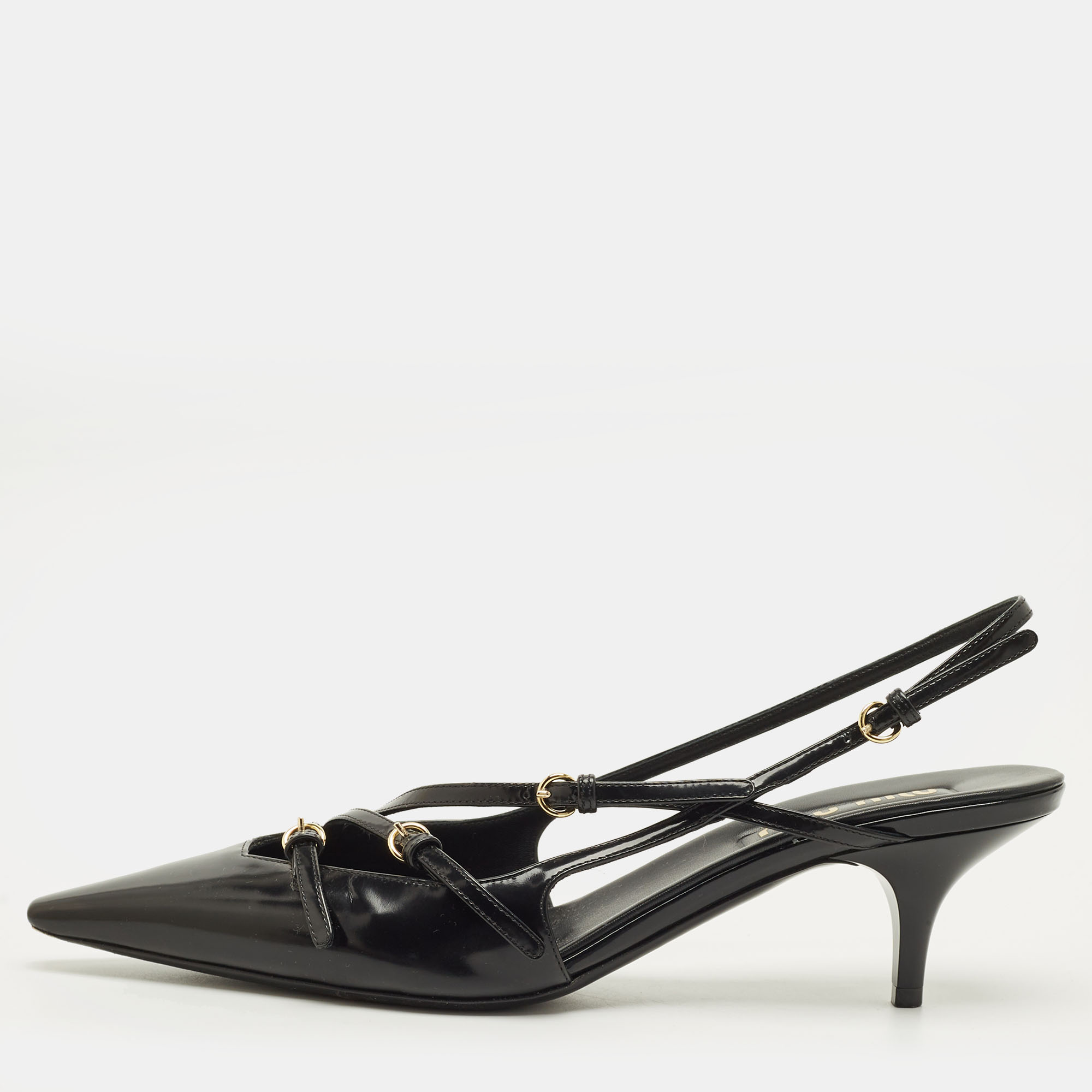 

Miu Miu Size  Black Patent Leather Buckle Slingback Pumps