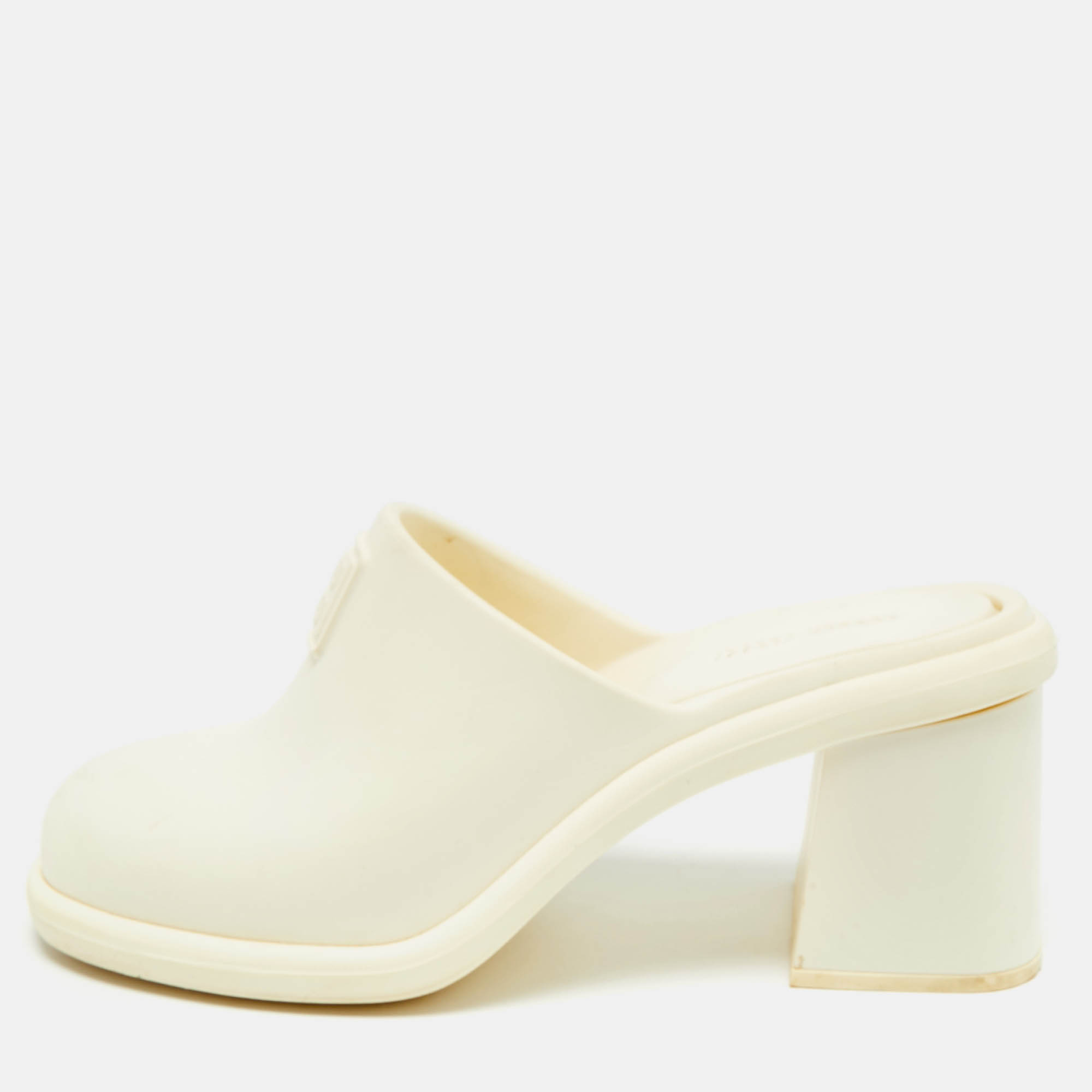

Miu Miu Size  Cream Rubber Logo Clogs Block Heel Mules