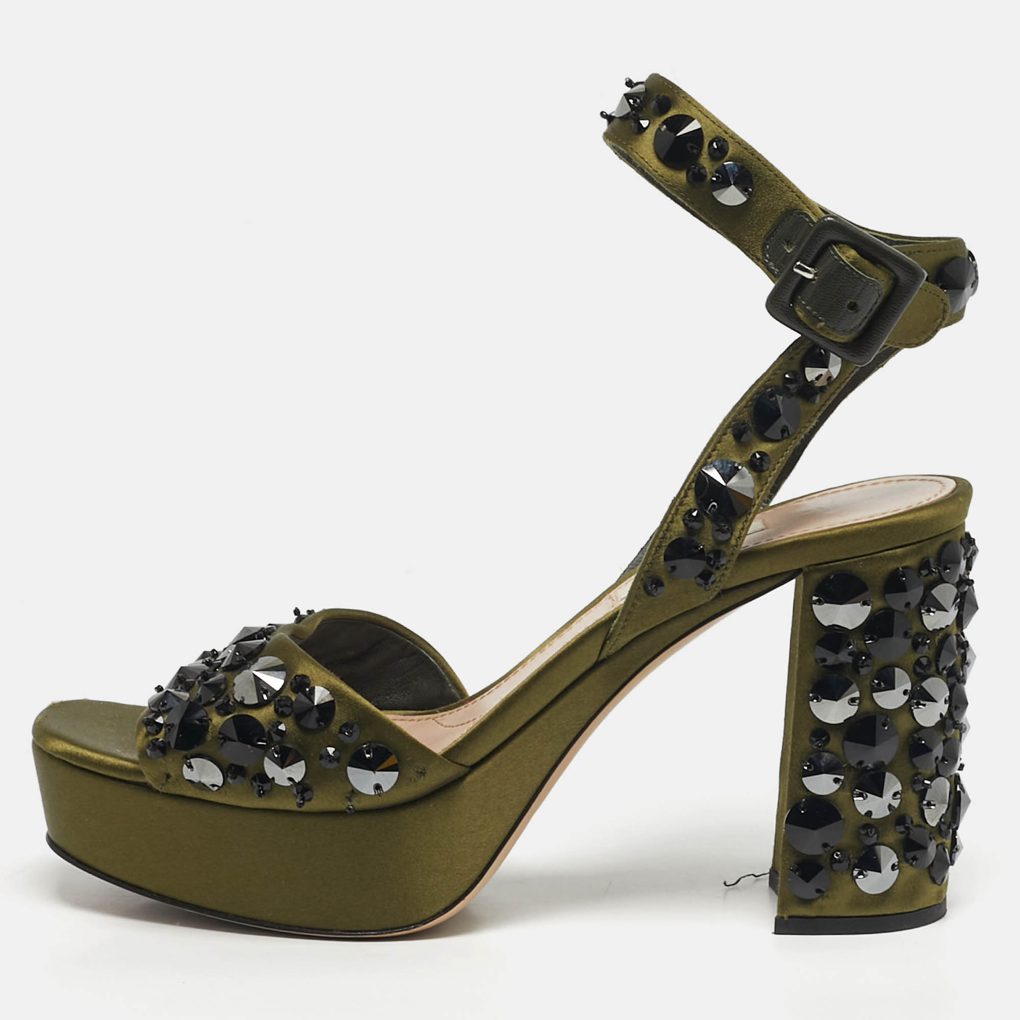 

Miu Miu Size 38 Green Satin Crystal Embellished Ankle Strap Sandals