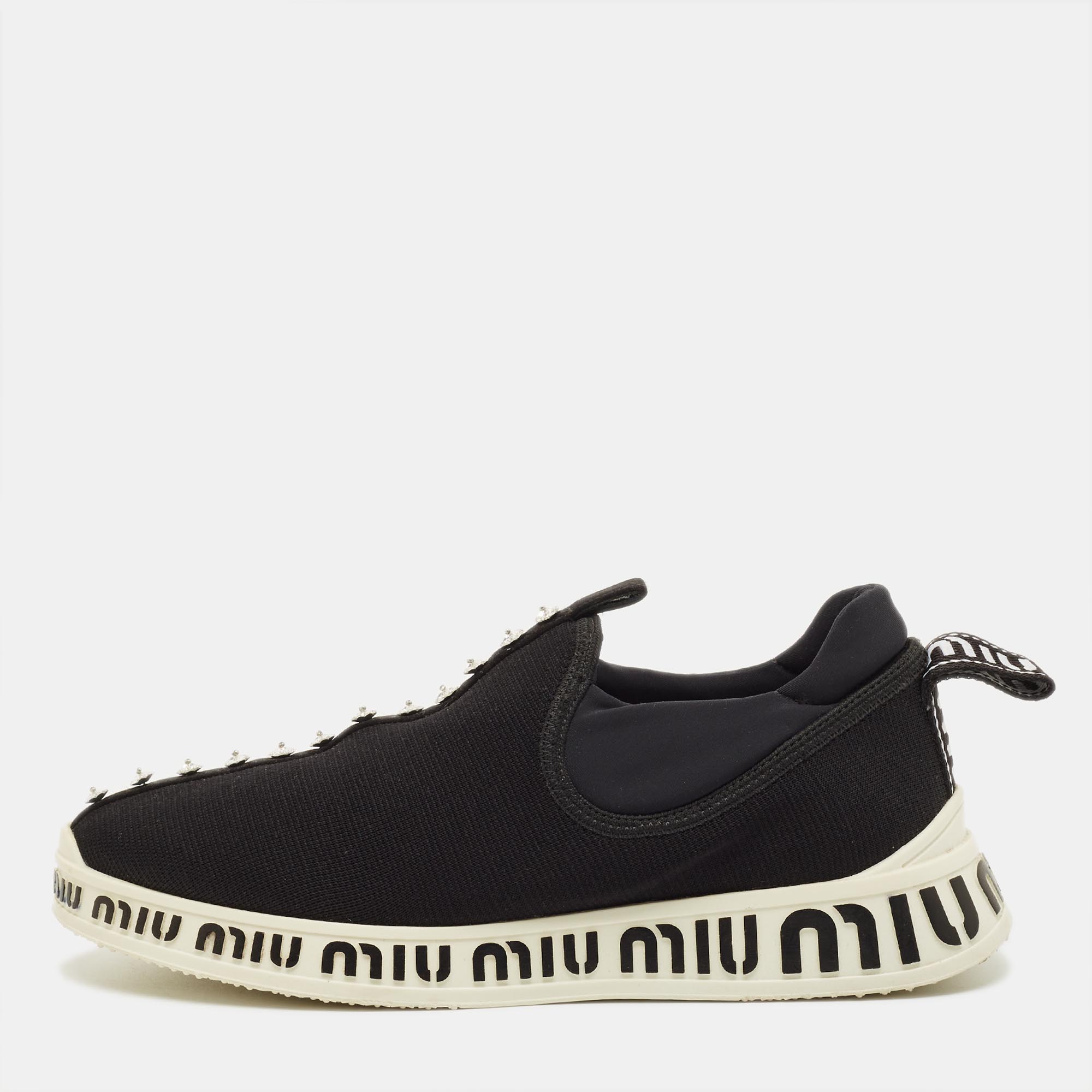 

Miu Miu Size  Black Knit Fabric and Nylon Crystal Embellished Slip On Sneakers