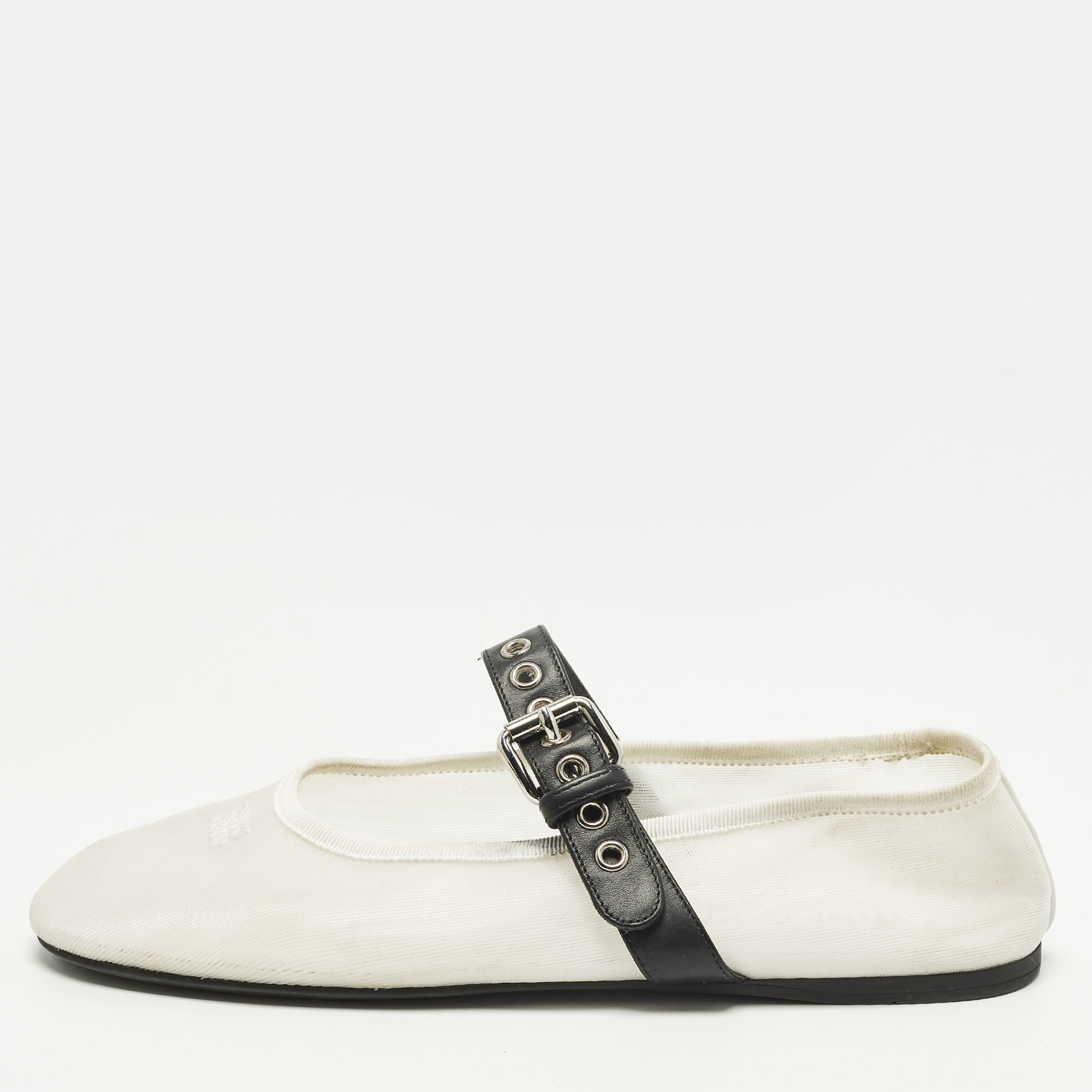 Pre-owned Miu Miu Size 40 White Leather And Net Mary-jane Ballet Flats