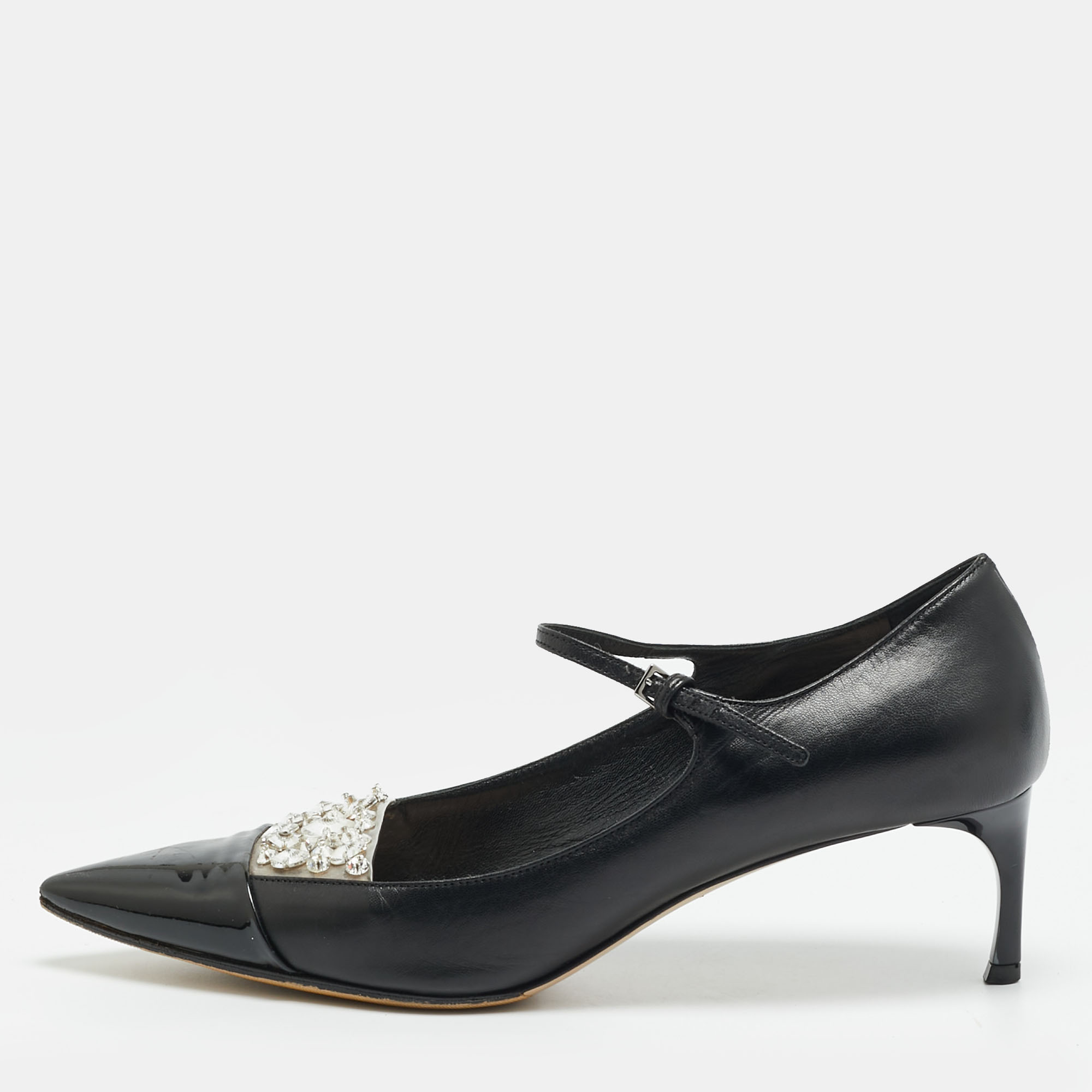 Pre-owned Miu Miu Size 36.5 Black Patent And Leather Crystal Embellished Mary Jane Pumps