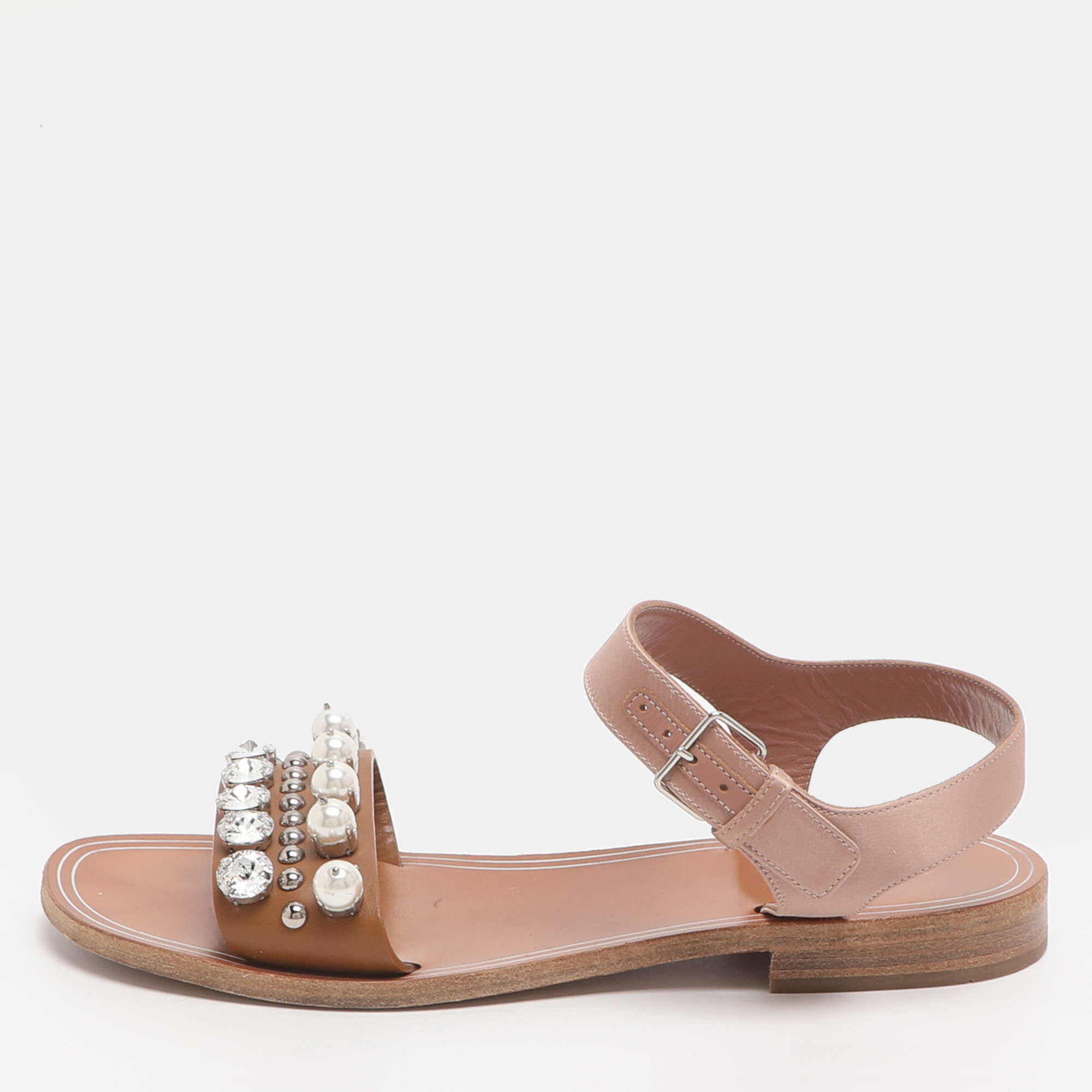 

Miu Miu Size 39 Brown/Old Rose Leather and Satin Crystal Pearl Embellished Ankle Strap Flats