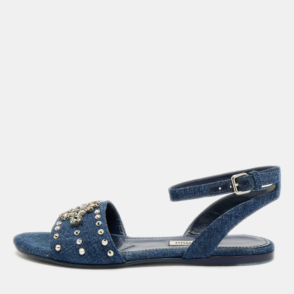 Pre-owned Miu Miu Size 35 Blue Denim Crystal Embellished Ankle Strap Sandals