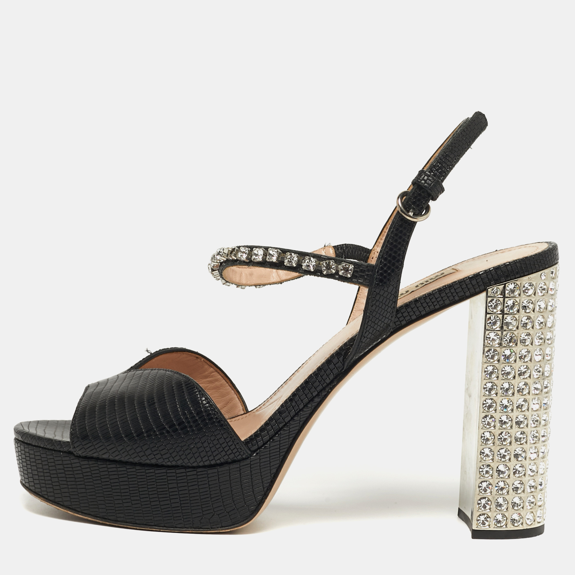 

Miu Miu Size  Black Lizard Embossed Leather Crystal Embellished Ankle Strap Sandals