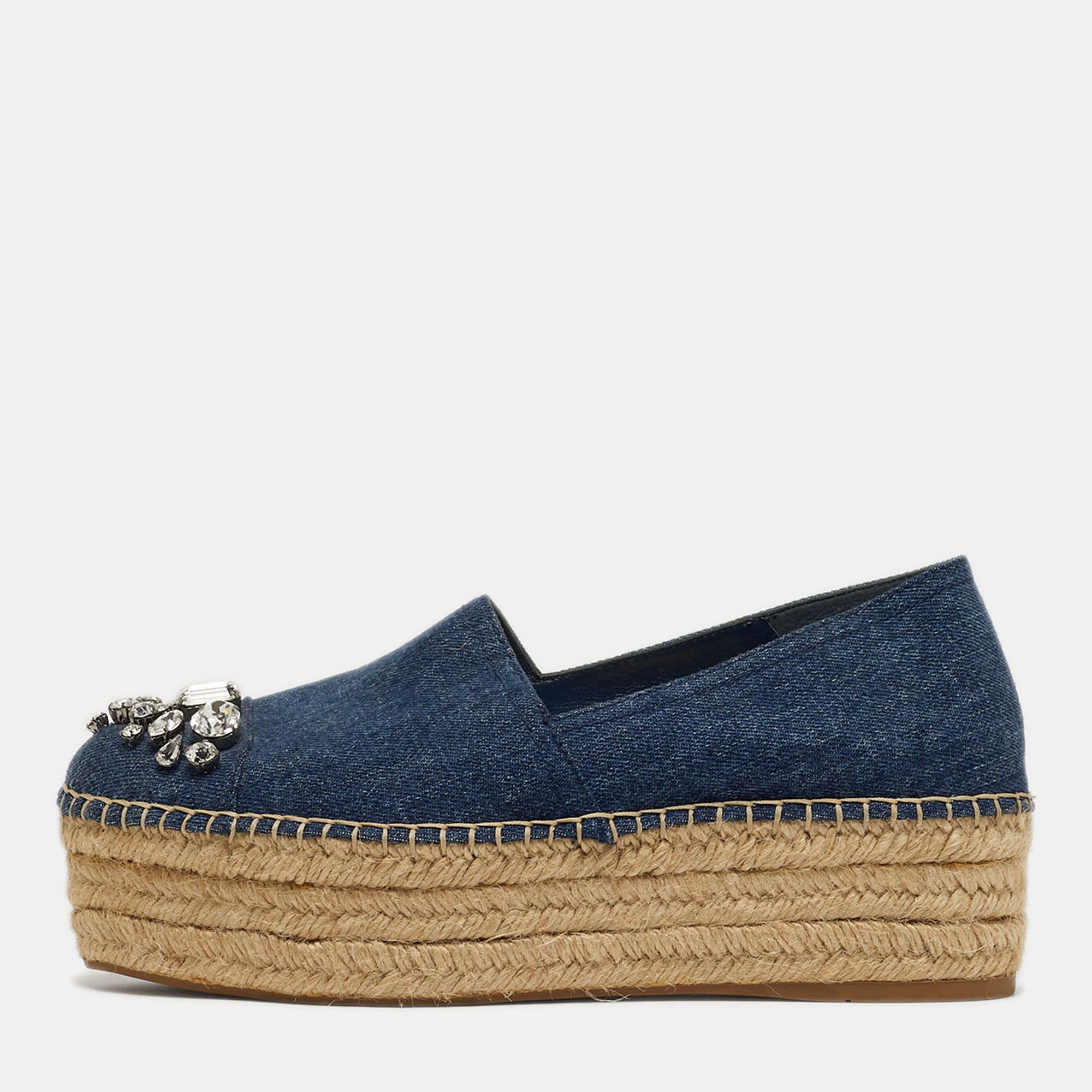 Pre-owned Miu Miu Size 38 Blue Denim Crystal Embellished Espadrille Platform Wedge Flats