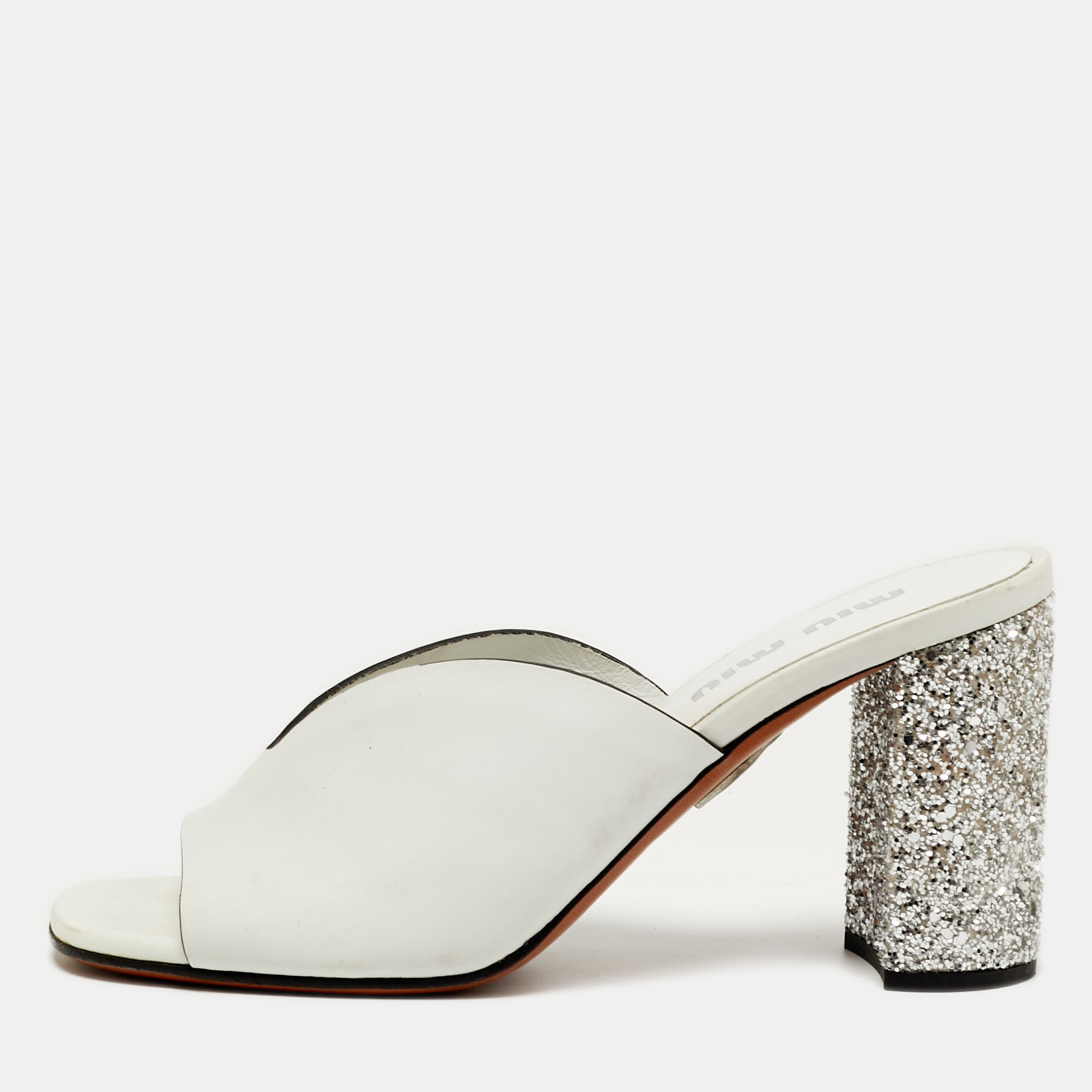

Miu Miu Size  White Leather Block Heel Slide Sandals