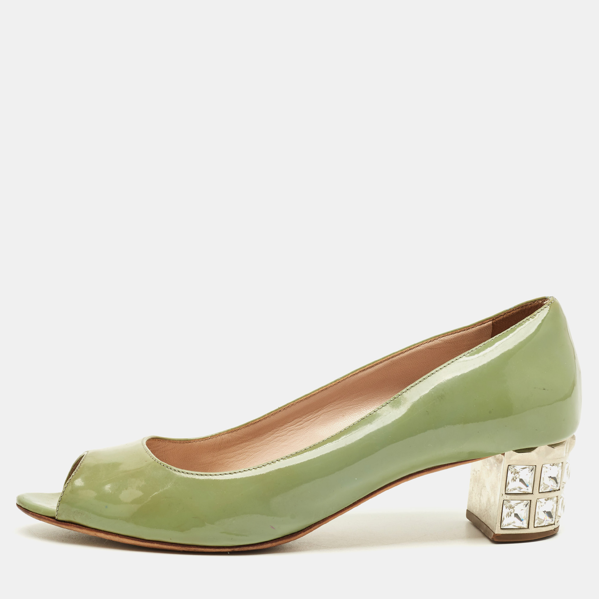

Miu Miu Size  Green Patent Leather Crystal Embellish Block Pumps