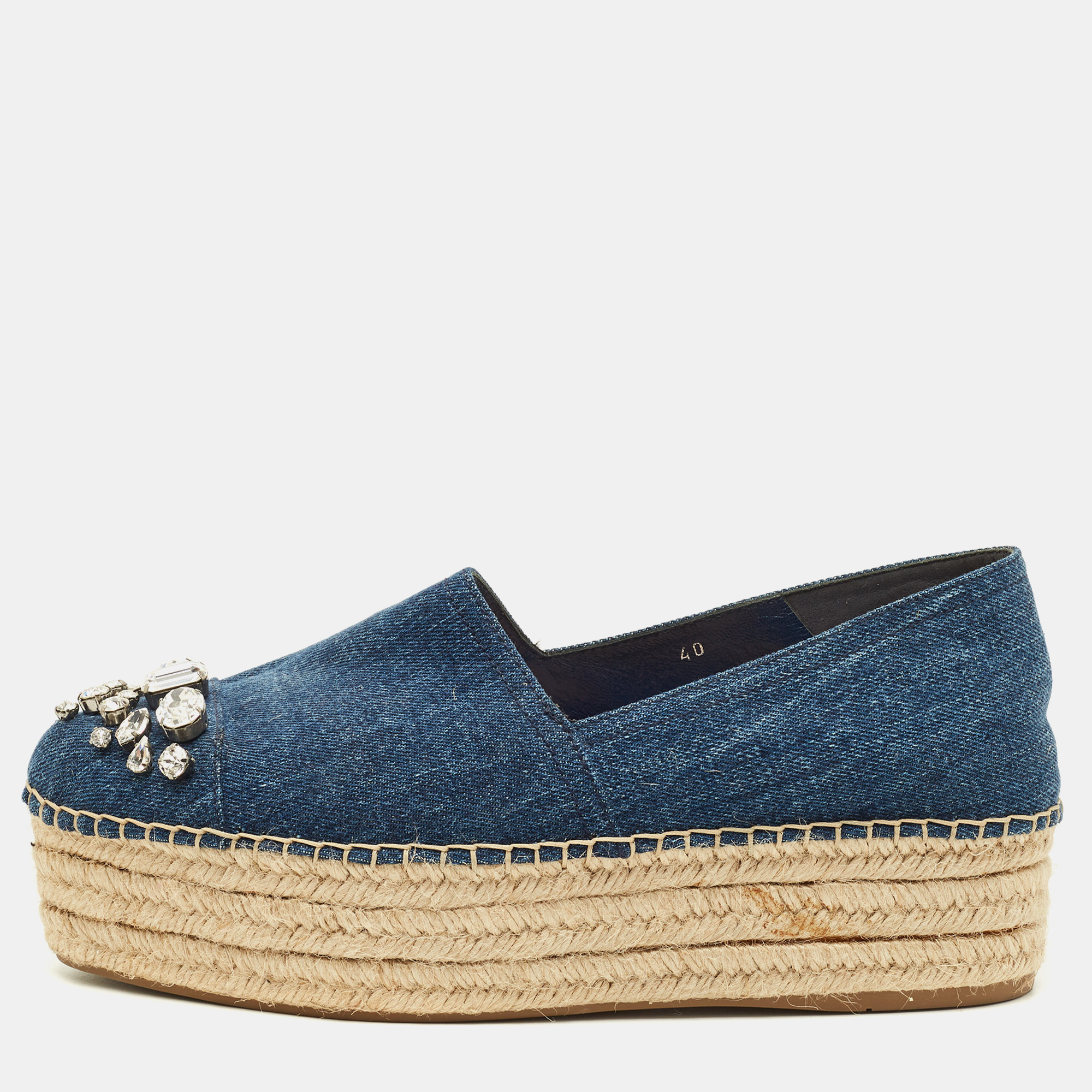 

Miu Miu Size  Blue Denim Crystal Embellished Cap Toe Platform Espadrille Flats