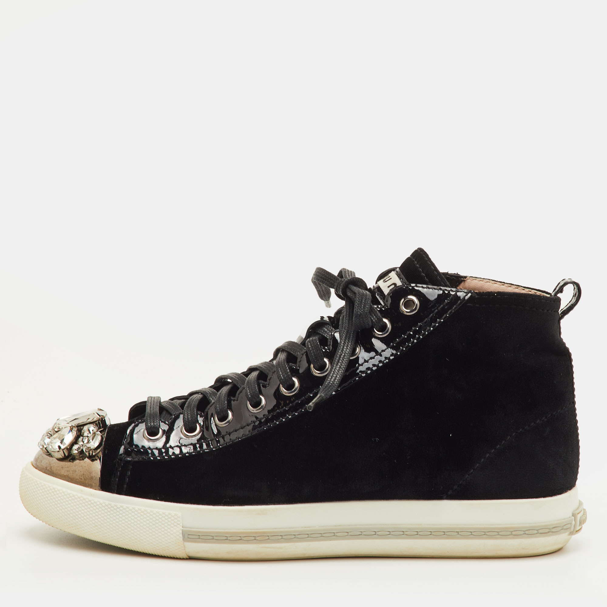 

Miu Miu Crystal Embellished Cap Toe Size  Black Patent Leather and Velvet Mid Top Sneakers