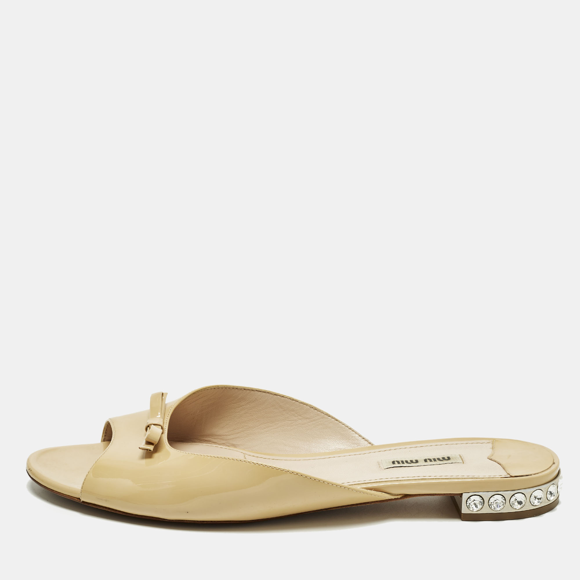 

Miu Miu Bow Size  Beige Patent Leather Crystal Embellished Flat Slides