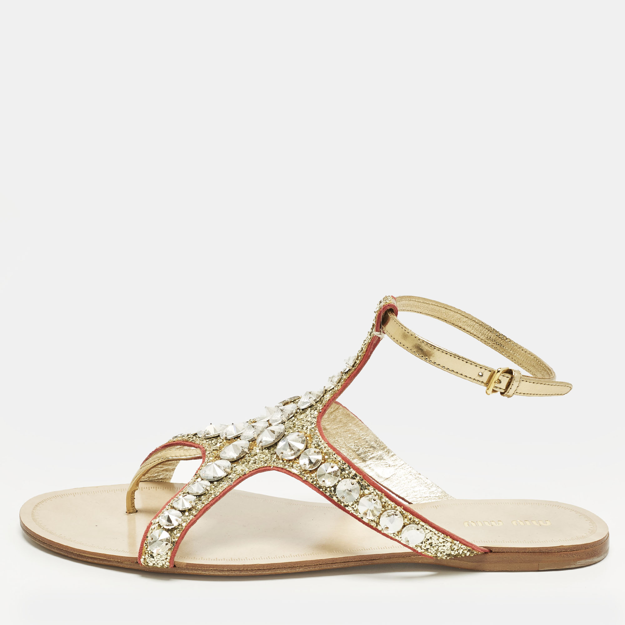 

Miu Miu Size  Gold Leather and Glitter Crystal Embellished Ankle Strap Flat Sandals