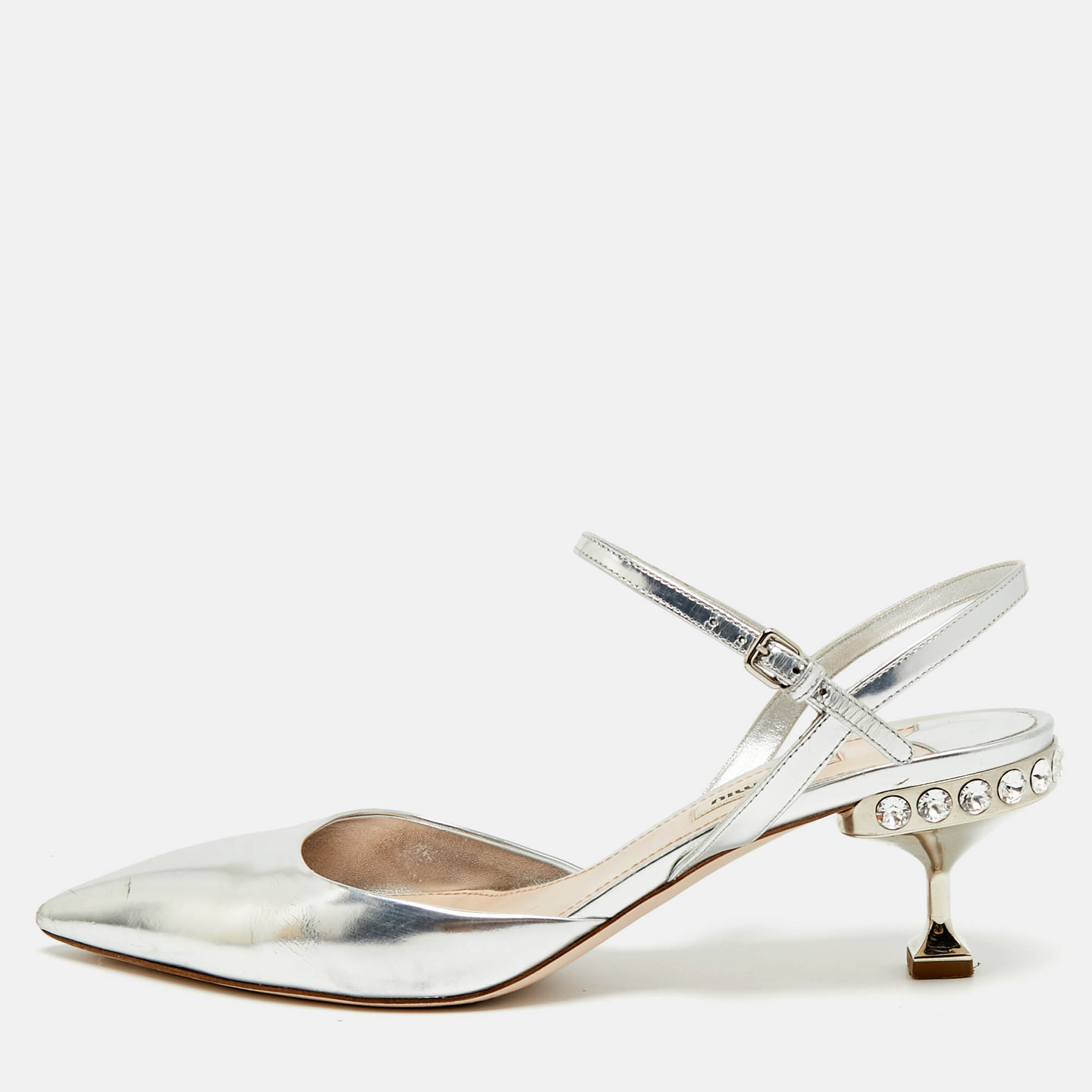 

Miu Miu Size  Silver Leather Ankle Strap Pumps