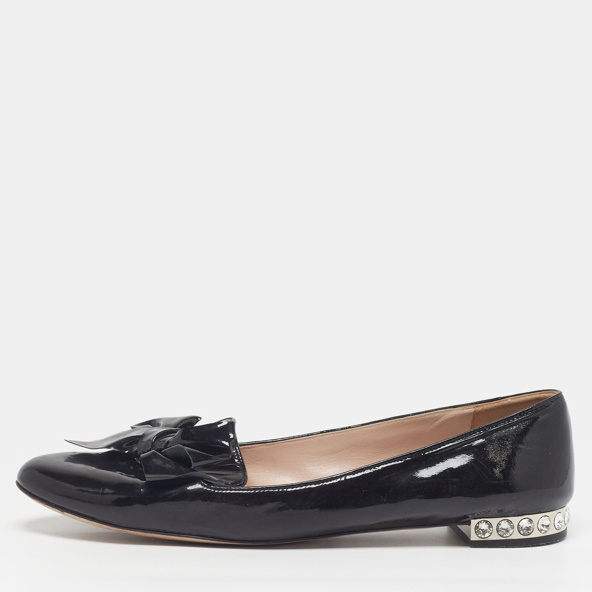 

Miu Miu Bow Size  Black Patent Leather Bow Detail Crystal Embellished Ballet Flats