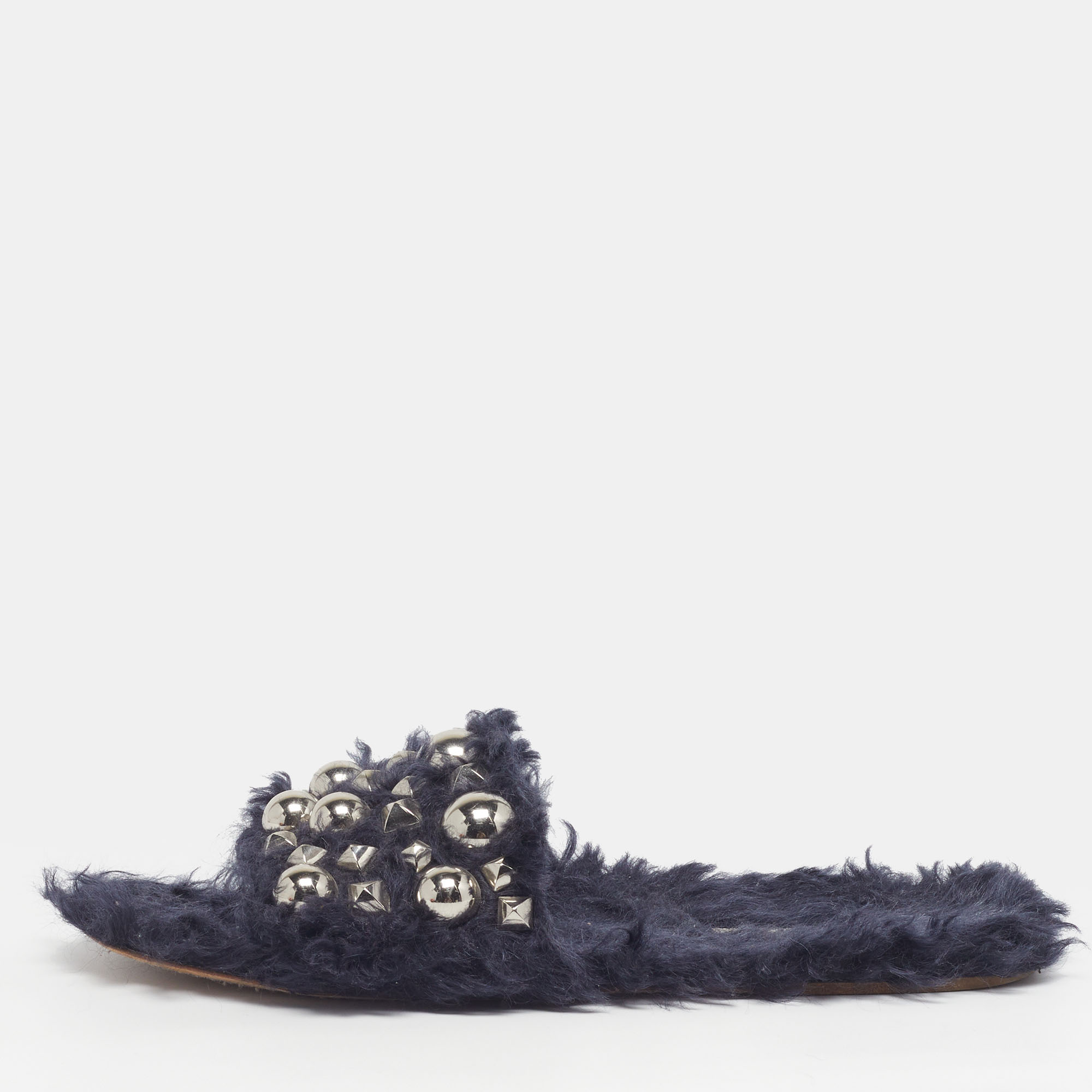 

Miu Miu Size  Navy Blue Faux Fur Embellished Flat Slide Sandals