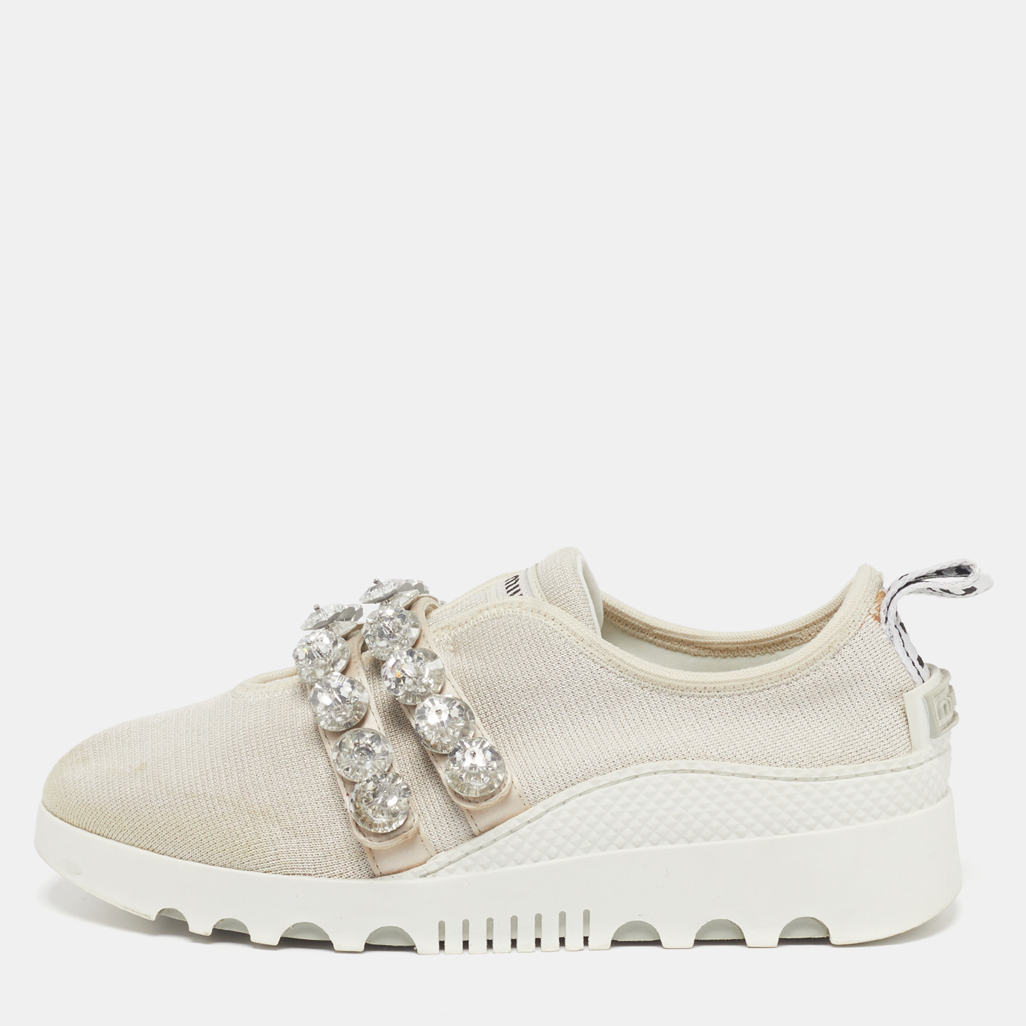 

Miu Miu Size  Cream Knit Fabric Crystal Embellished Slip On Sneakers