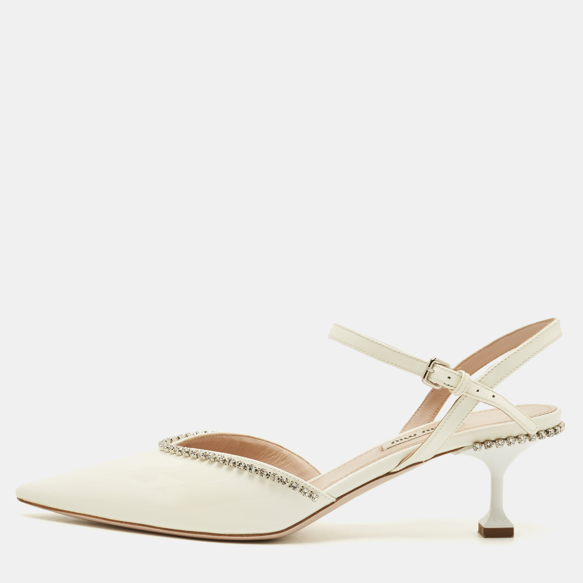 

Miu Miu Size  White Patent Leather Crystal Embellished Ankle Strap Pumps