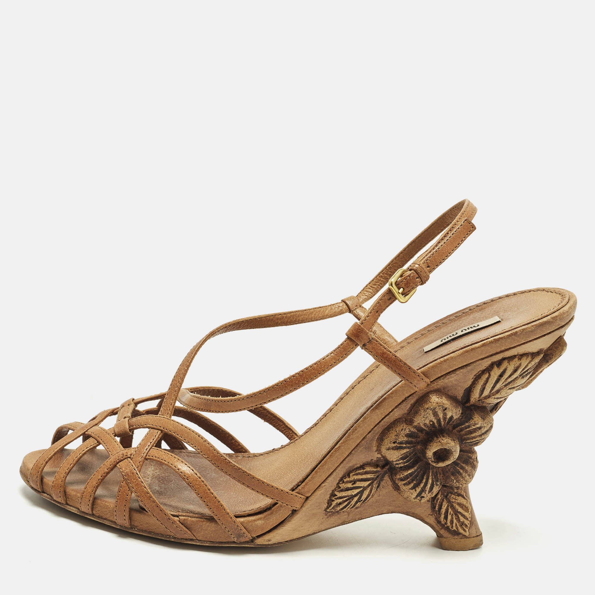

Miu Miu Size  Brown Strappy Leather Wedge Sandals