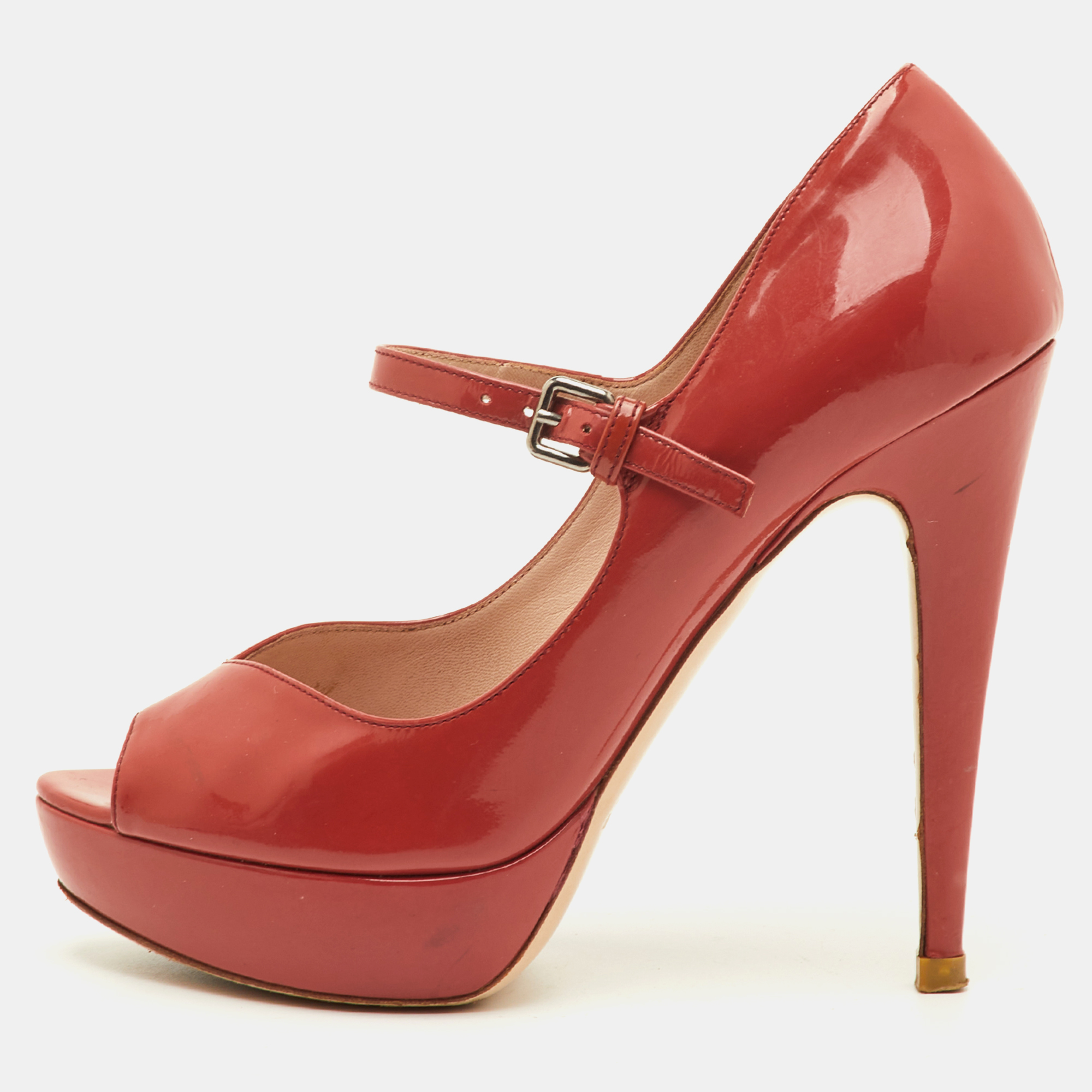 

Miu Miu Size  Peach Pink Patent Leather Mary Jane Peep Toe Platform Pumps