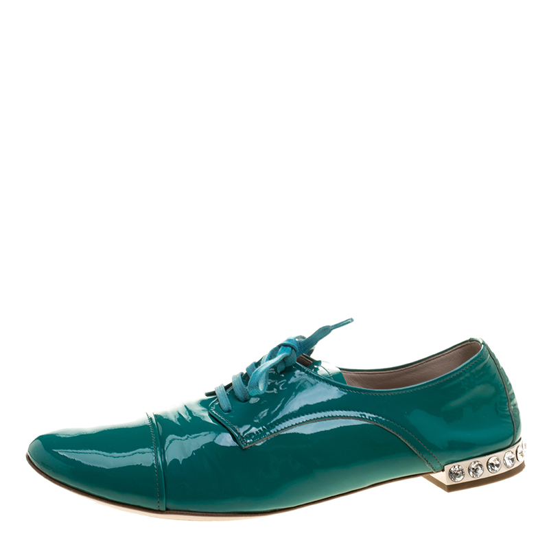 

Miu Miu Aquamarine Patent Leather Crystal Heel Lace Up Derby Size, Green