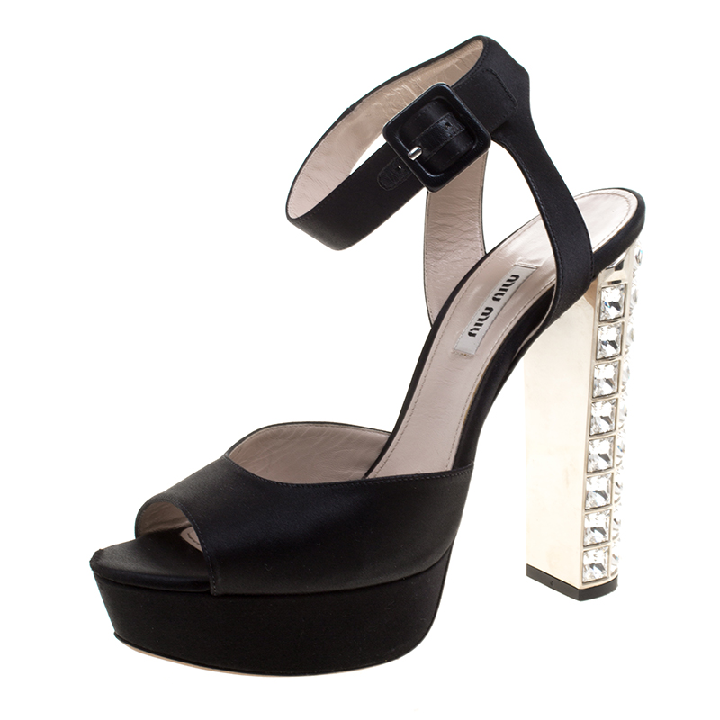 Miu Miu Black Satin Crystal Embellished Block Heel Ankle Strap Sandals ...