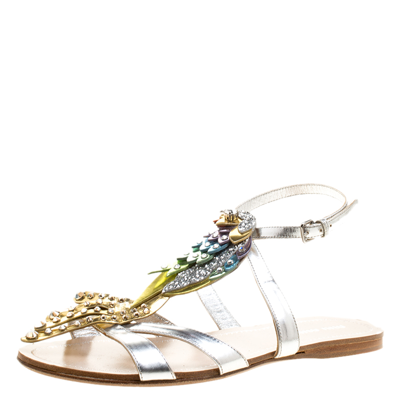 Miu Miu Multicolor Leather Crystal Embellished Parrot Sandals Size 36 