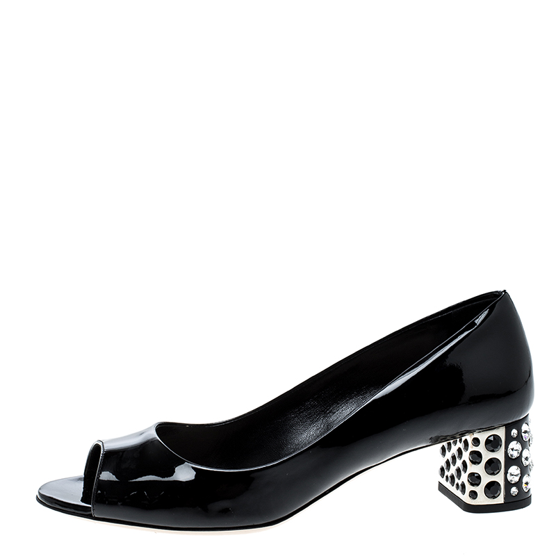 

Miu Miu Black Patent Leather Crystal Block Heel Open Toe Pumps Size