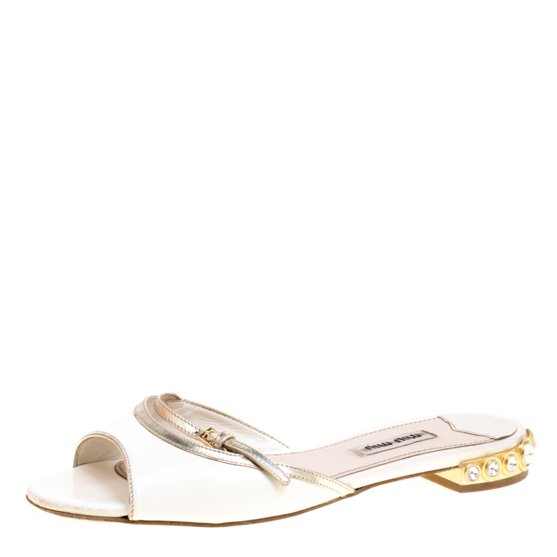 Miu Miu White Patent Leather Peep Toe Crystal Embellished Heel Flat Slides Size 36