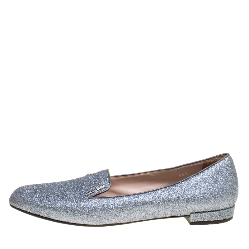 

Miu Miu Metallic Silver Glitter Smoking Slippers Size