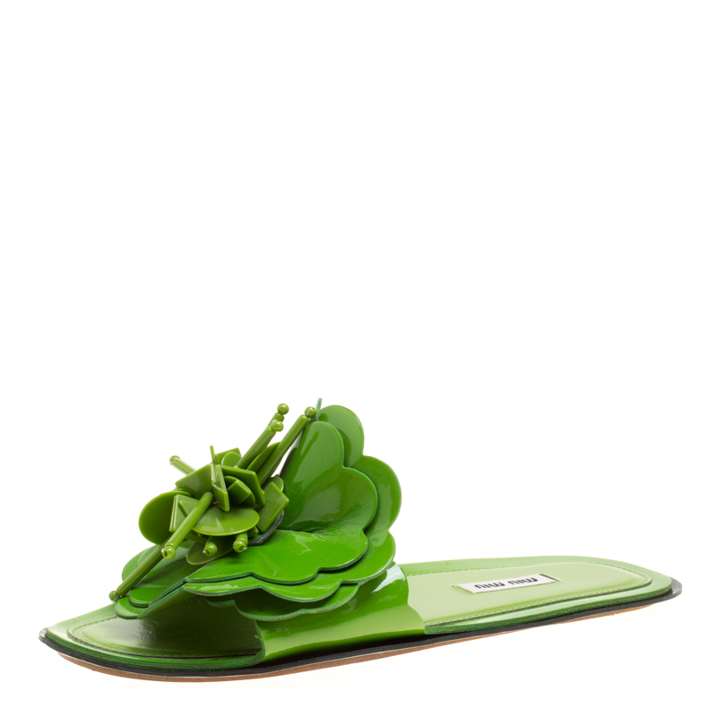 Miu Miu Green Patent Leather Flower Detail Flat Slides Size 38